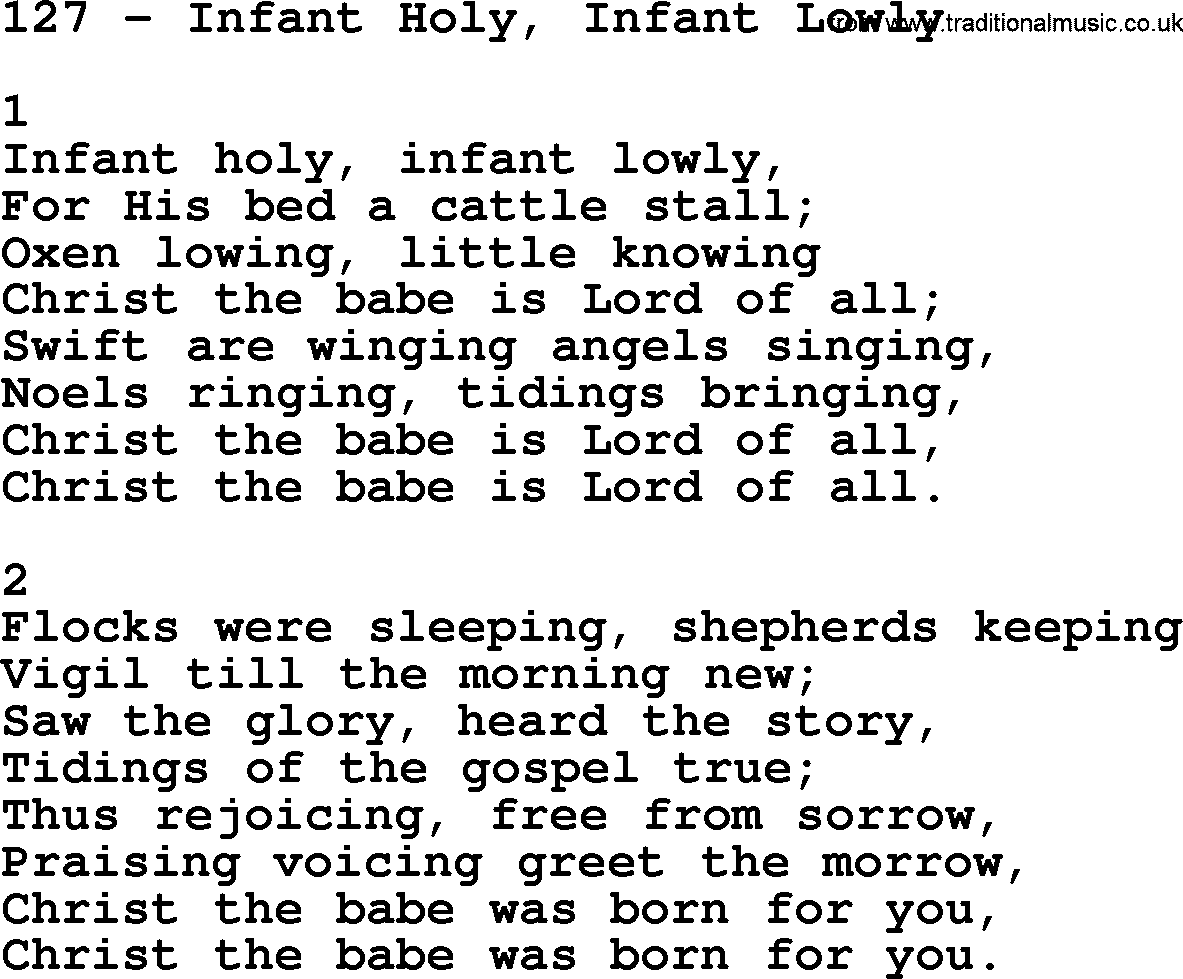 Complete Adventis Hymnal, title: 127-Infant Holy, Infant Lowly, with lyrics, midi, mp3, powerpoints(PPT) and PDF,