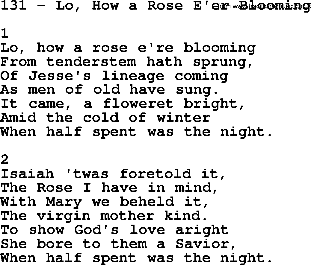 Complete Adventis Hymnal, title: 131-Lo, How A Rose E'er Blooming, with lyrics, midi, mp3, powerpoints(PPT) and PDF,