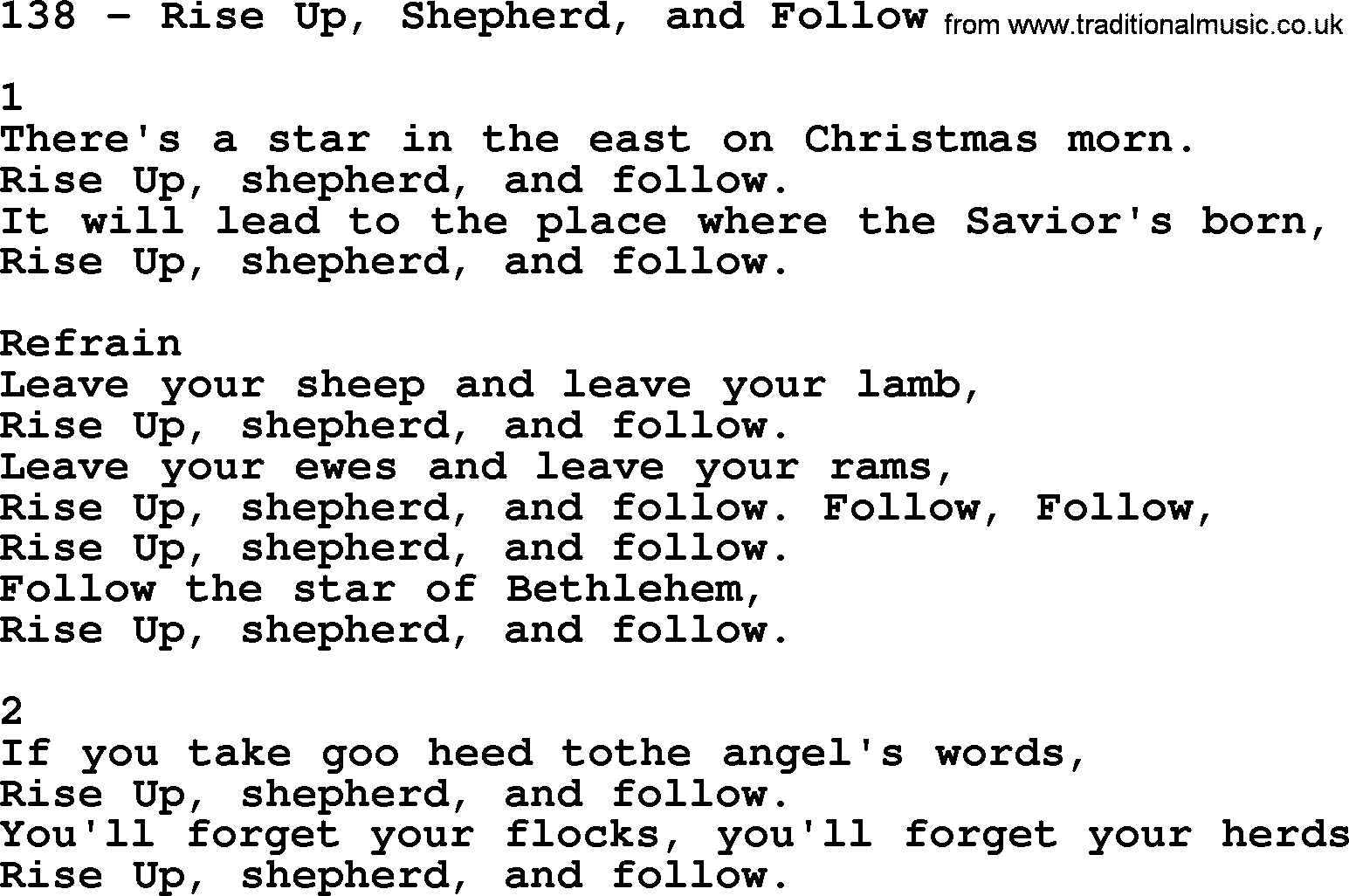 Complete Adventis Hymnal, title: 138-Rise Up, Shepherd, And Follow, with lyrics, midi, mp3, powerpoints(PPT) and PDF,