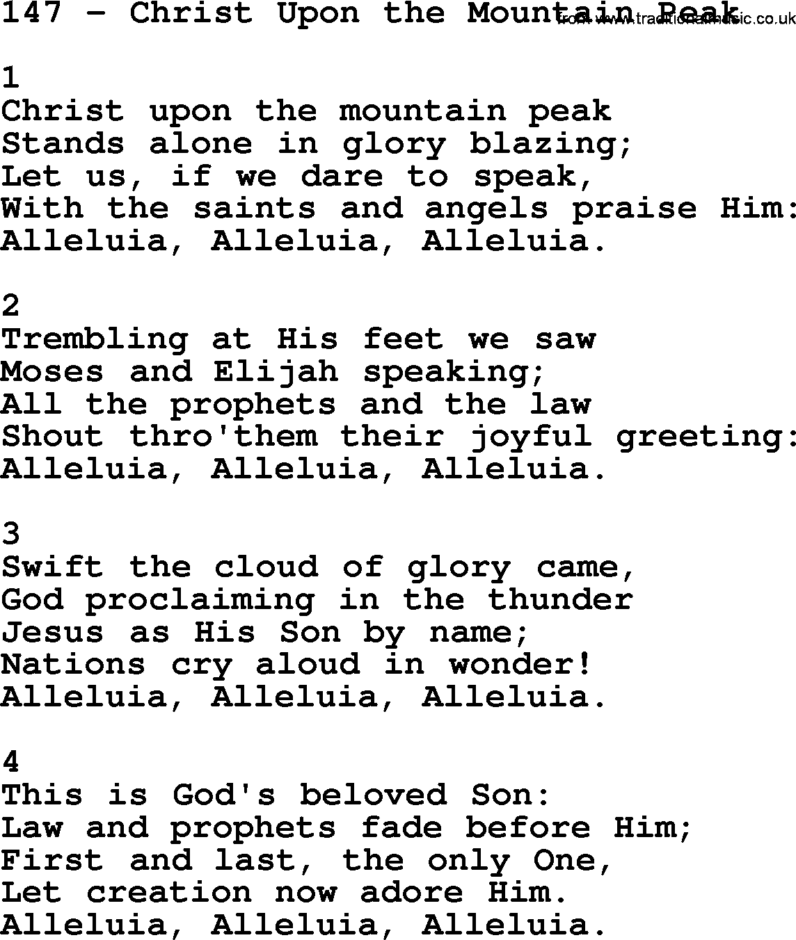 Complete Adventis Hymnal, title: 147-Christ Upon The Mountain Peak, with lyrics, midi, mp3, powerpoints(PPT) and PDF,