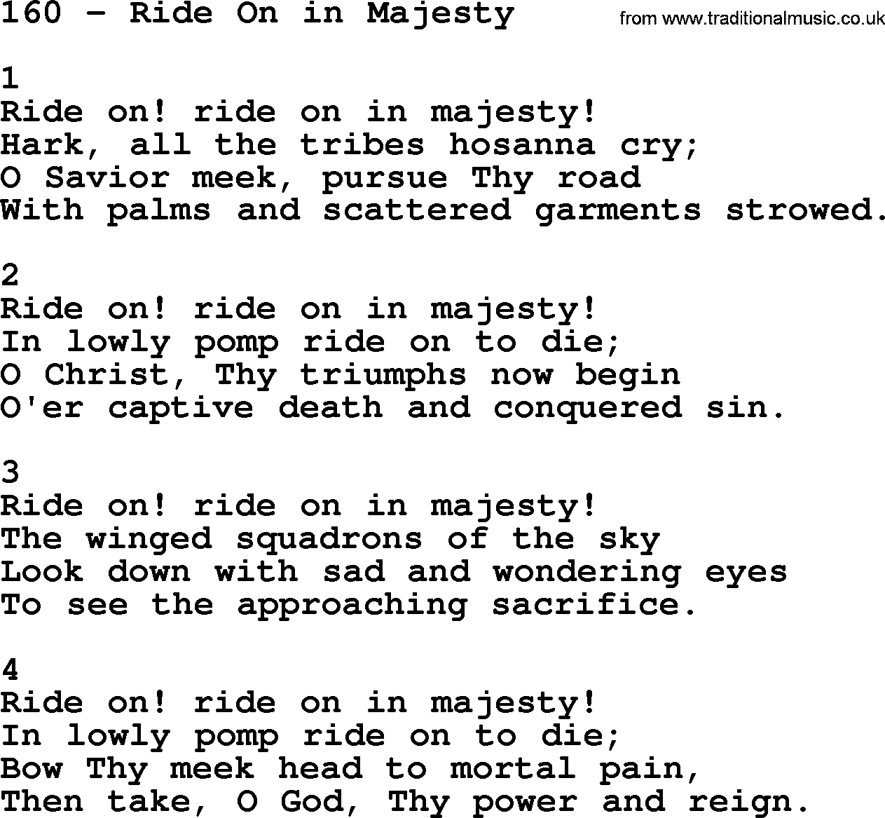 Complete Adventis Hymnal, title: 160-Ride On In Majesty, with lyrics, midi, mp3, powerpoints(PPT) and PDF,
