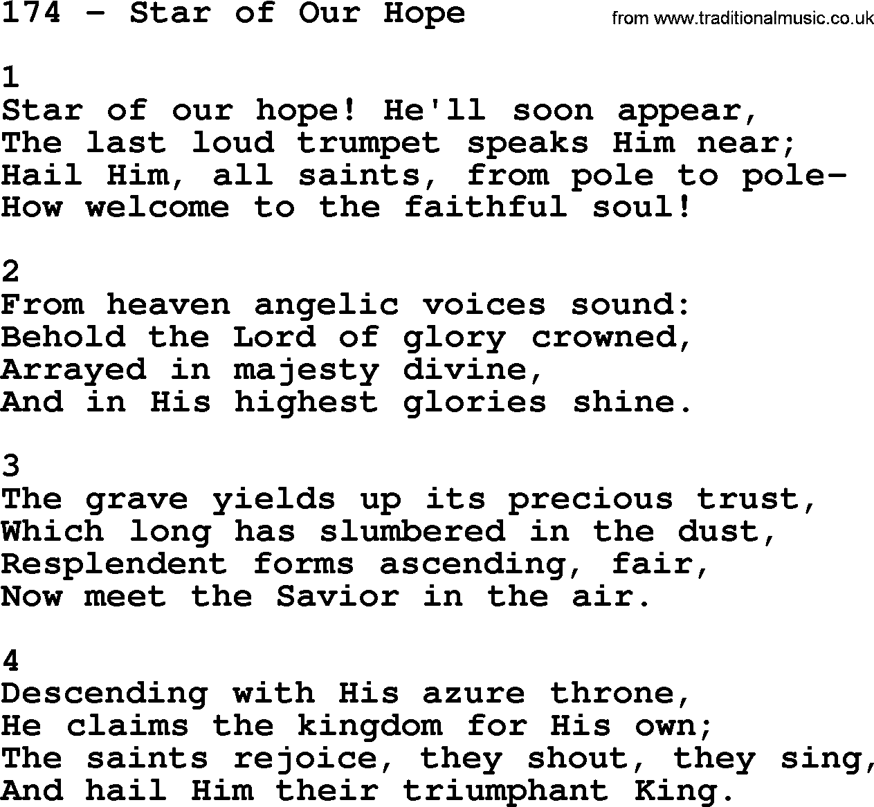 Complete Adventis Hymnal, title: 174-Star Of Our Hope, with lyrics, midi, mp3, powerpoints(PPT) and PDF,