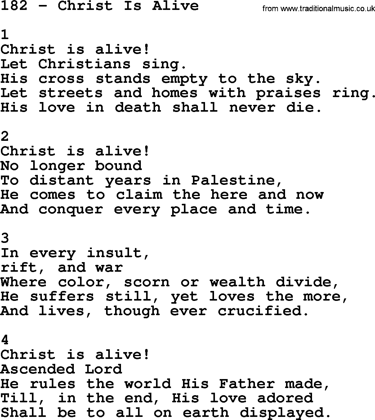 Complete Adventis Hymnal, title: 182-Christ Is Alive, with lyrics, midi, mp3, powerpoints(PPT) and PDF,
