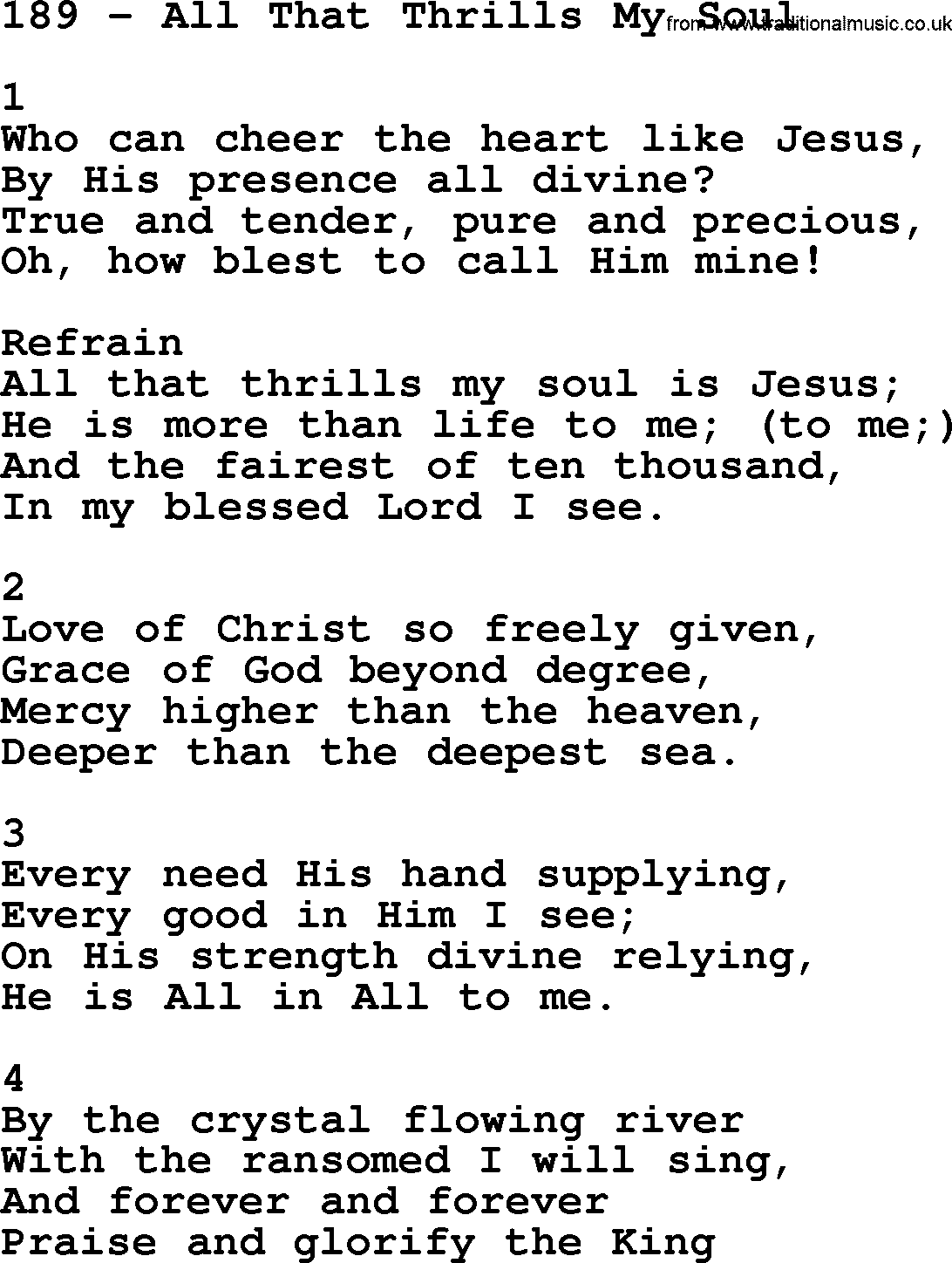 Complete Adventis Hymnal, title: 189-All That Thrills My Soul, with lyrics, midi, mp3, powerpoints(PPT) and PDF,