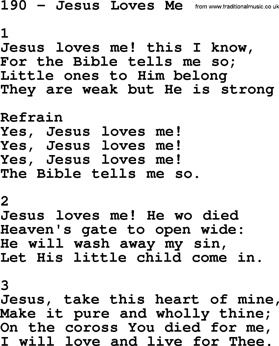 Complete Adventis Hymnal, title: 190-Jesus Loves Me, with lyrics, midi, mp3, powerpoints(PPT) and PDF,