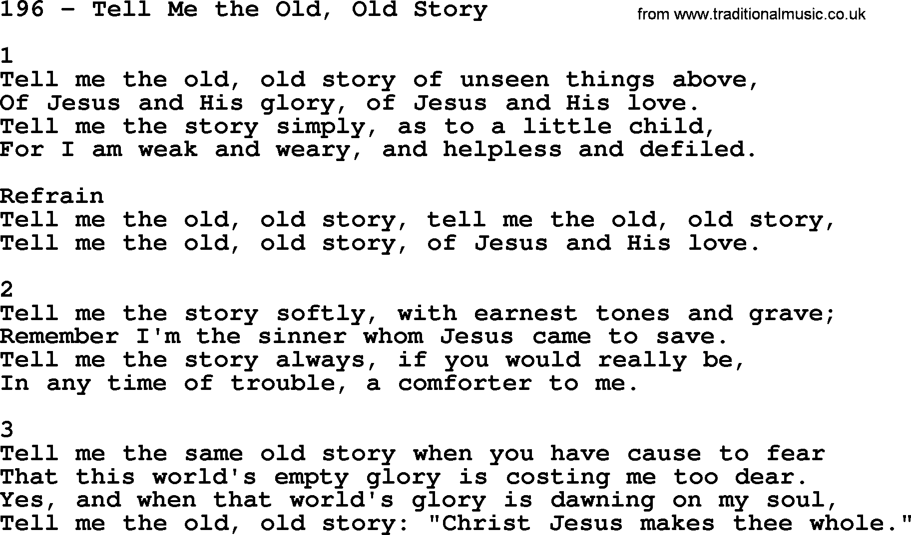 Complete Adventis Hymnal, title: 196-Tell Me The Old, Old Story, with lyrics, midi, mp3, powerpoints(PPT) and PDF,