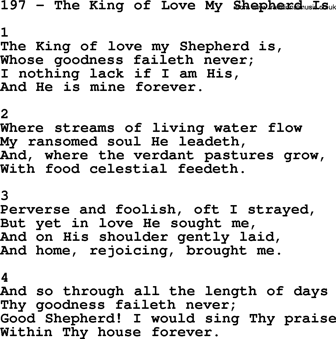 Complete Adventis Hymnal, title: 197-The King Of Love My Shepherd Is, with lyrics, midi, mp3, powerpoints(PPT) and PDF,