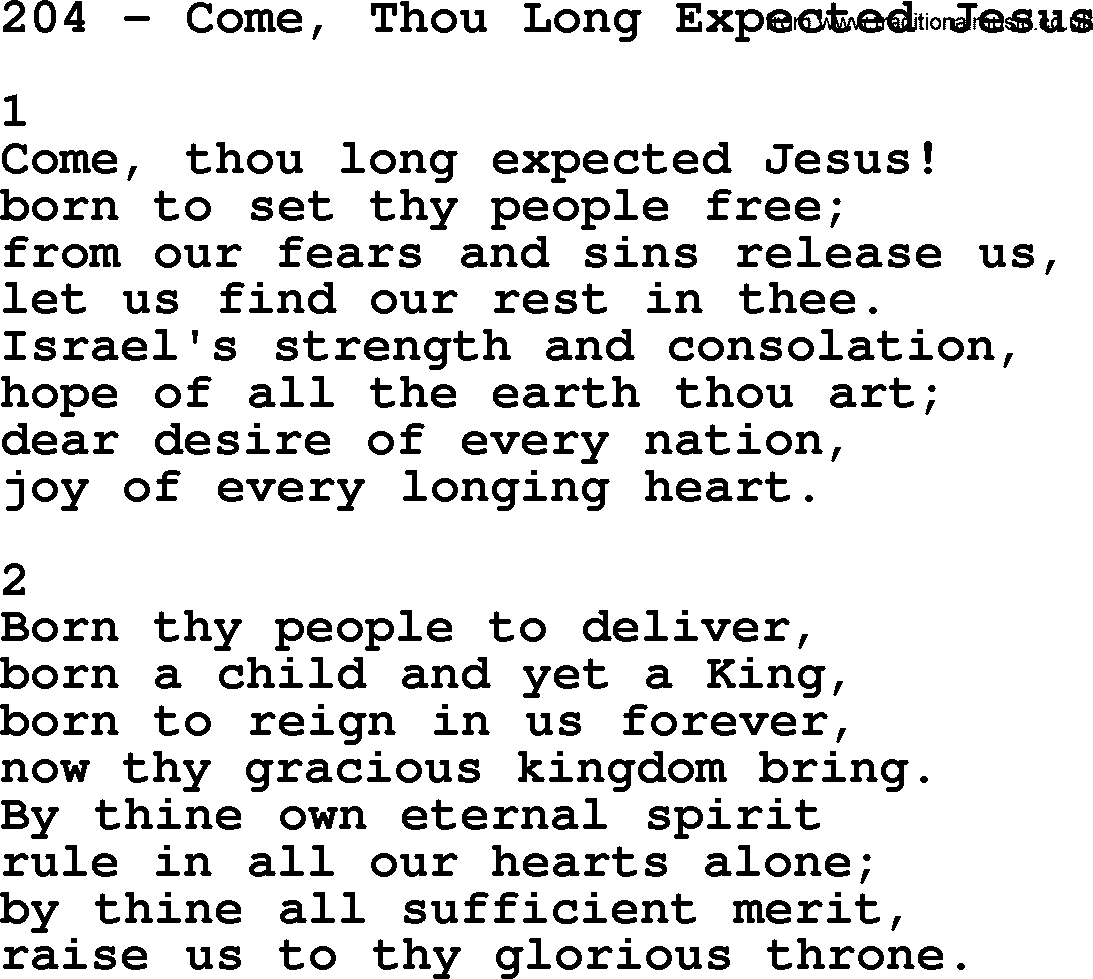 Complete Adventis Hymnal, title: 204-Come, Thou Long Expected Jesus, with lyrics, midi, mp3, powerpoints(PPT) and PDF,