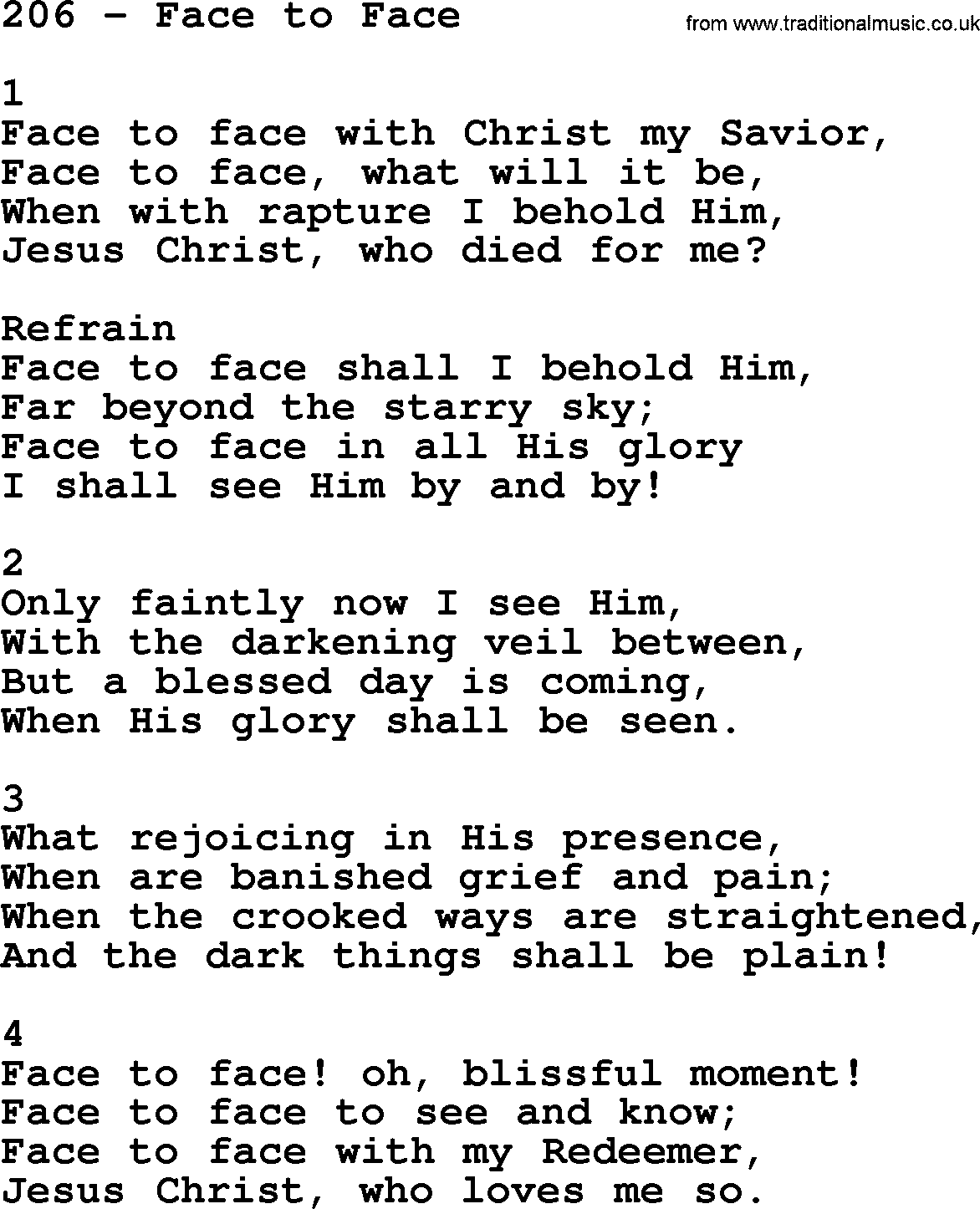 Complete Adventis Hymnal, title: 206-Face To Face, with lyrics, midi, mp3, powerpoints(PPT) and PDF,