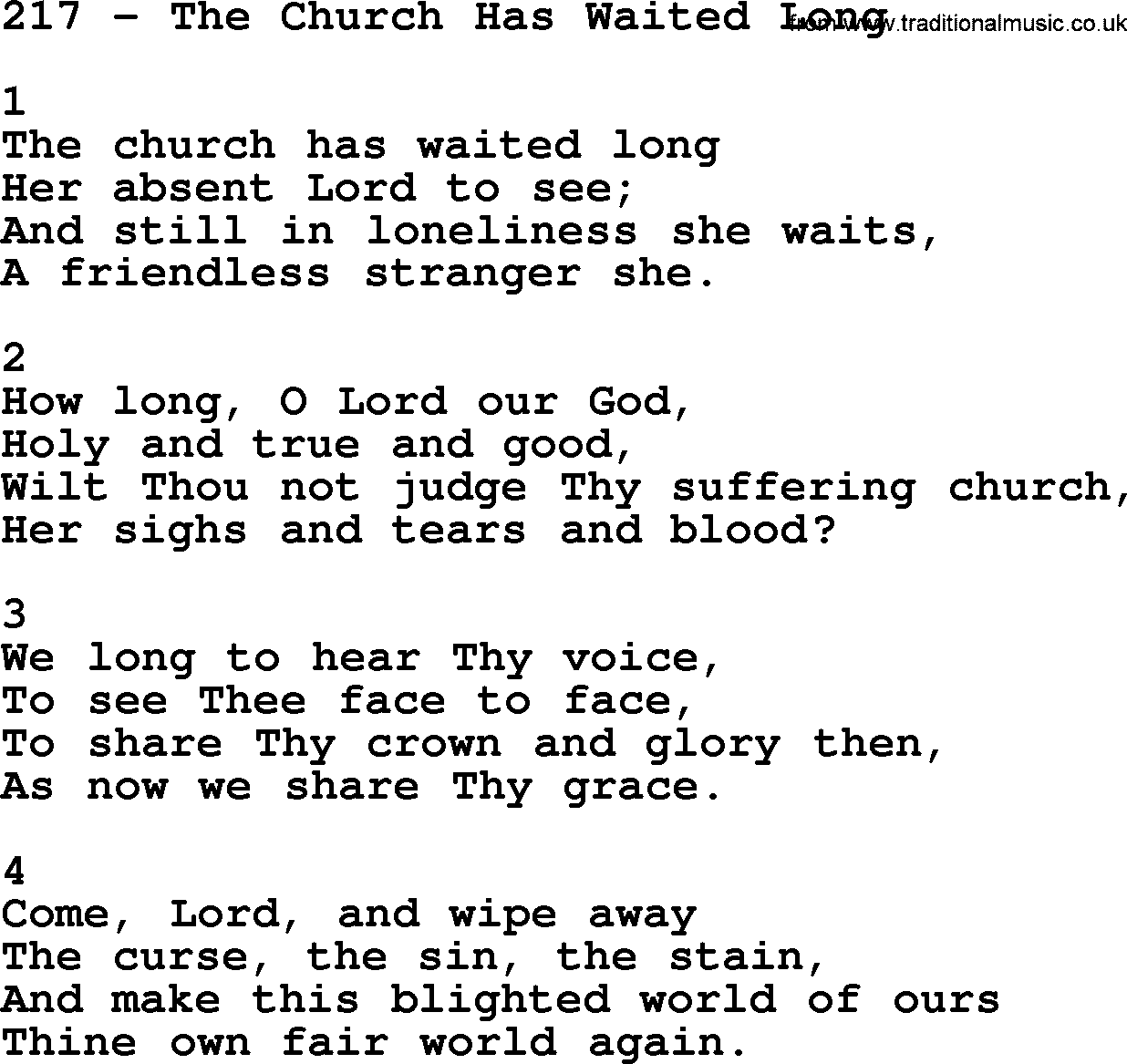 Complete Adventis Hymnal, title: 217-The Church Has Waited Long, with lyrics, midi, mp3, powerpoints(PPT) and PDF,
