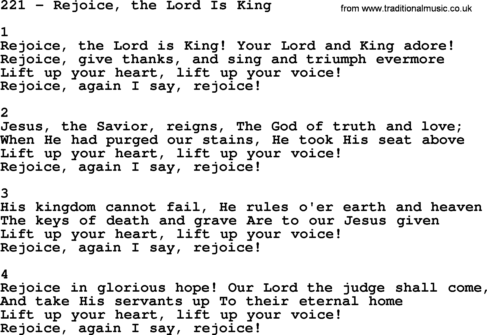Complete Adventis Hymnal, title: 221-Rejoice, The Lord Is King, with lyrics, midi, mp3, powerpoints(PPT) and PDF,