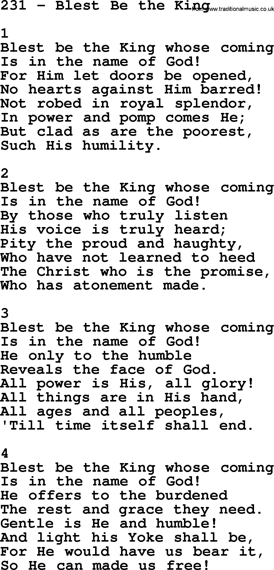 Complete Adventis Hymnal, title: 231-Blest Be The King, with lyrics, midi, mp3, powerpoints(PPT) and PDF,