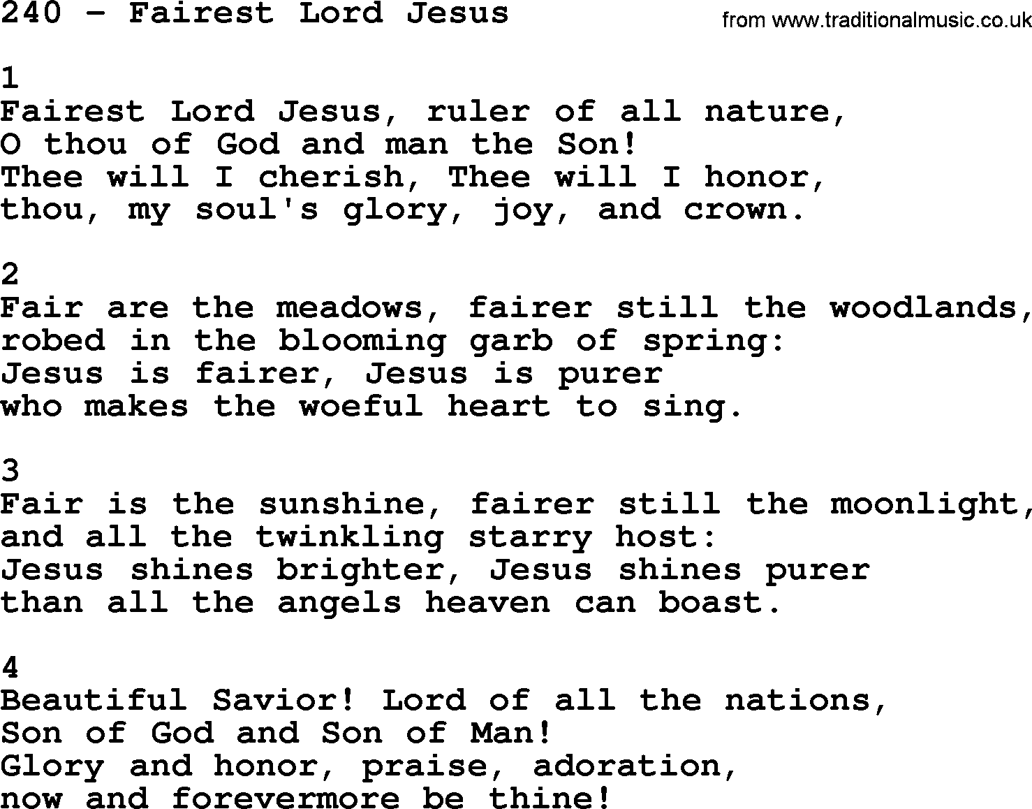 Complete Adventis Hymnal, title: 240-Fairest Lord Jesus, with lyrics, midi, mp3, powerpoints(PPT) and PDF,