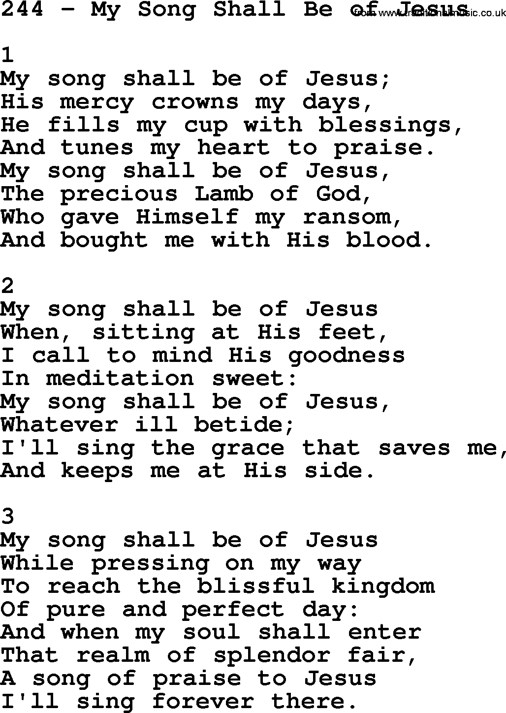 Complete Adventis Hymnal, title: 244-My Song Shall Be Of Jesus, with lyrics, midi, mp3, powerpoints(PPT) and PDF,