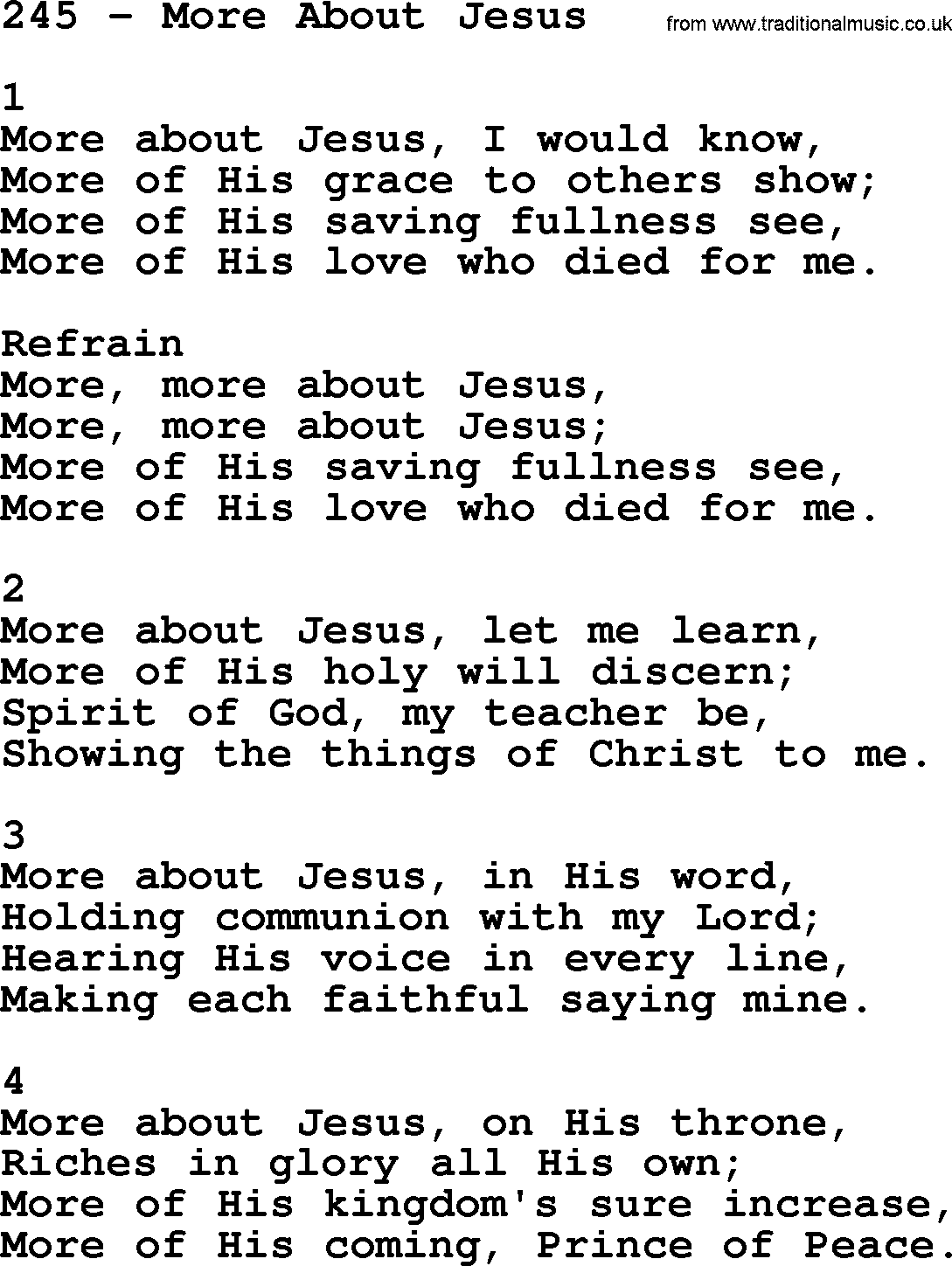Complete Adventis Hymnal, title: 245-More About Jesus, with lyrics, midi, mp3, powerpoints(PPT) and PDF,