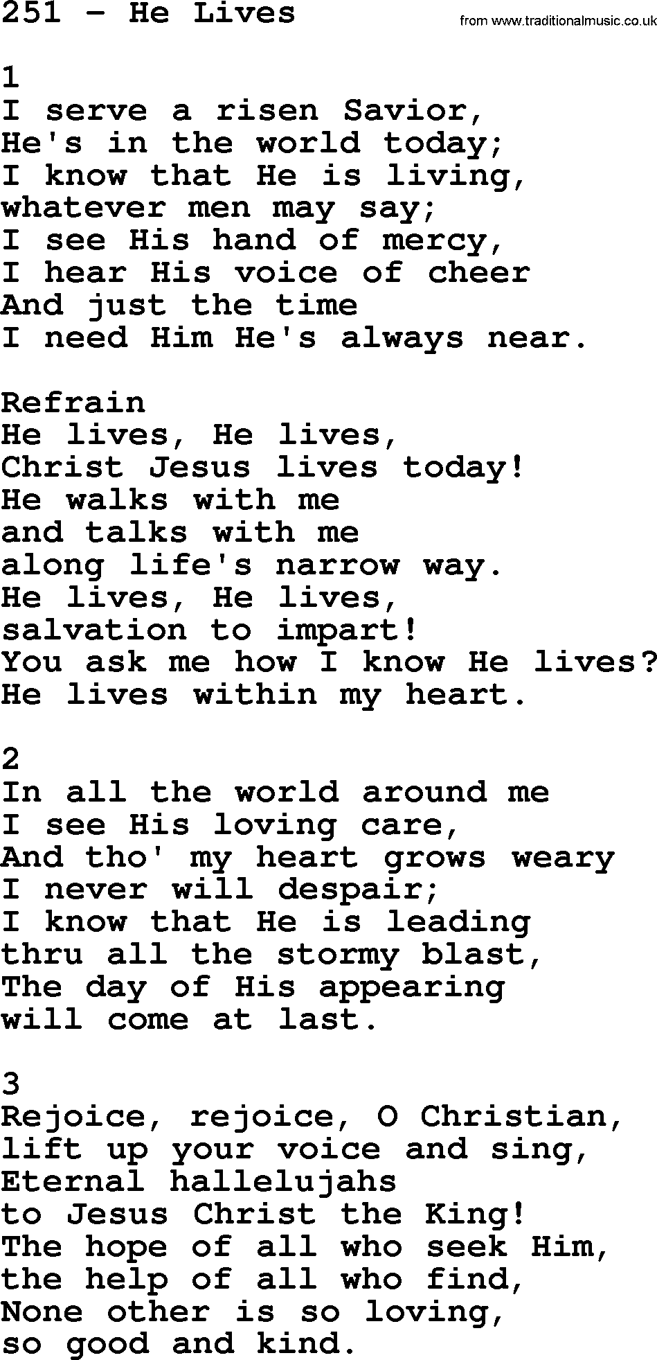 Complete Adventis Hymnal, title: 251-He Lives, with lyrics, midi, mp3, powerpoints(PPT) and PDF,