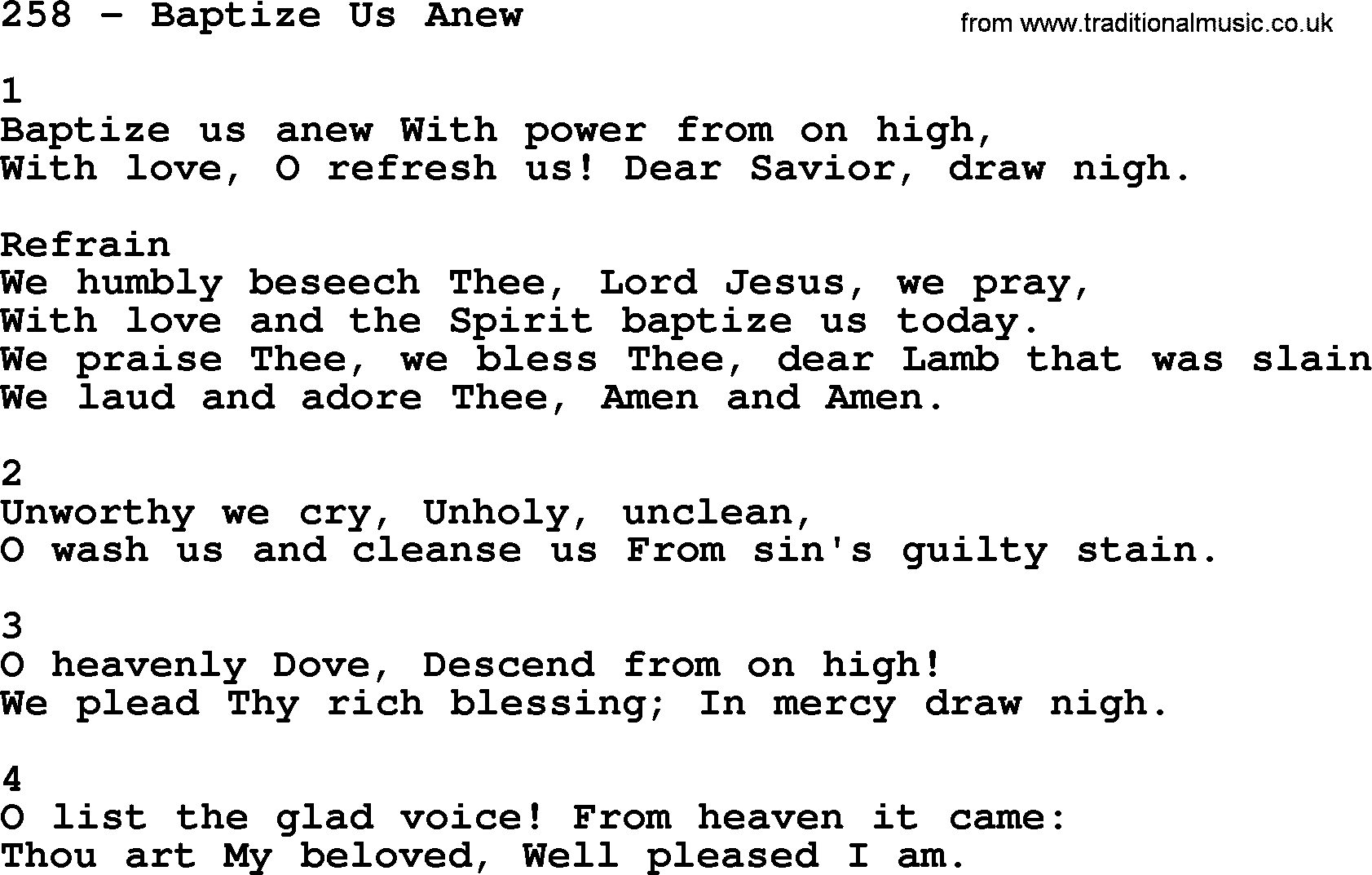 Complete Adventis Hymnal, title: 258-Baptize Us Anew, with lyrics, midi, mp3, powerpoints(PPT) and PDF,