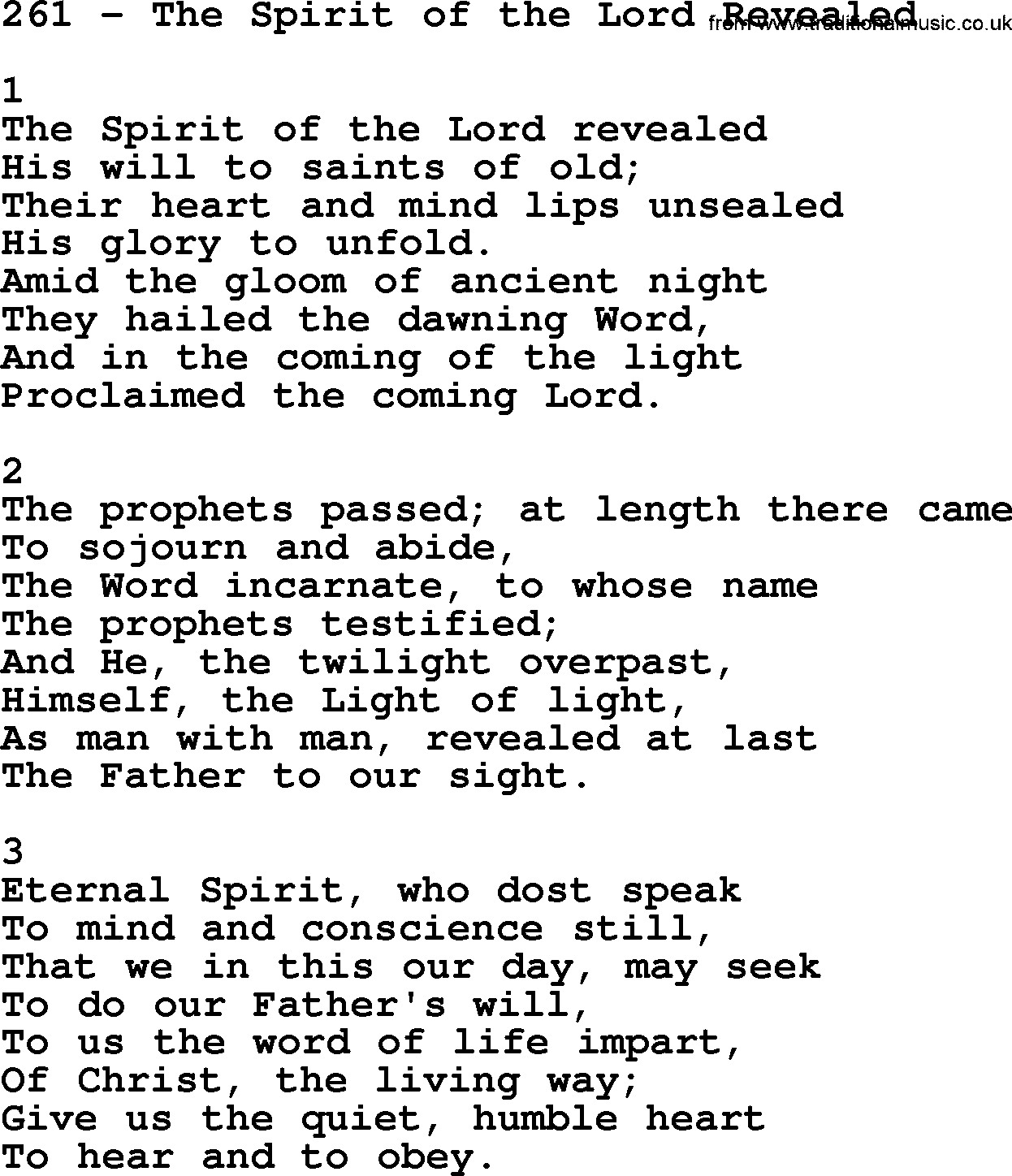 Complete Adventis Hymnal, title: 261-The Spirit Of The Lord Revealed, with lyrics, midi, mp3, powerpoints(PPT) and PDF,