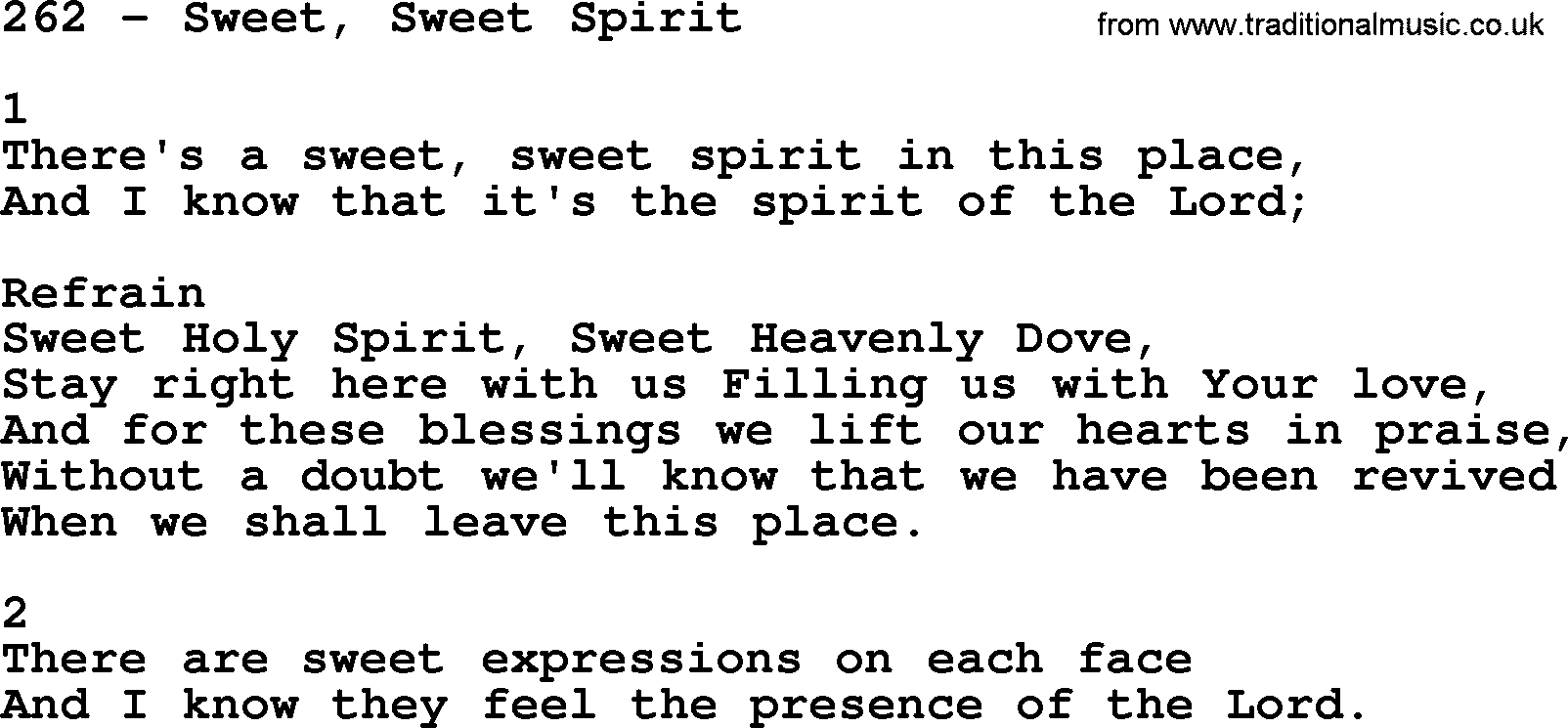 Complete Adventis Hymnal, title: 262-Sweet, Sweet Spirit, with lyrics, midi, mp3, powerpoints(PPT) and PDF,