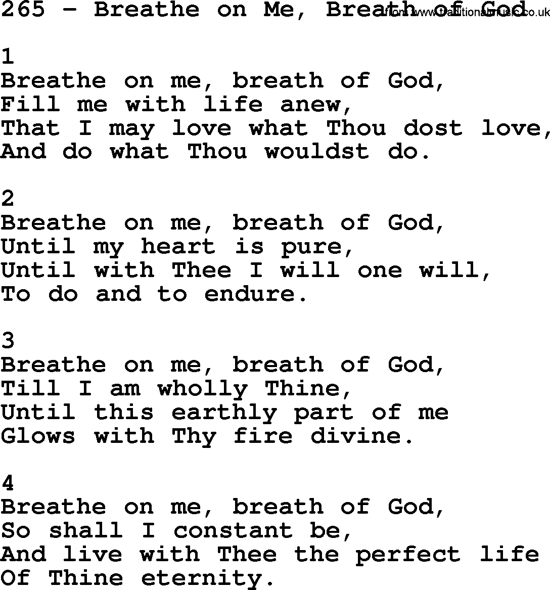 Complete Adventis Hymnal, title: 265-Breathe On Me, Breath Of God, with lyrics, midi, mp3, powerpoints(PPT) and PDF,