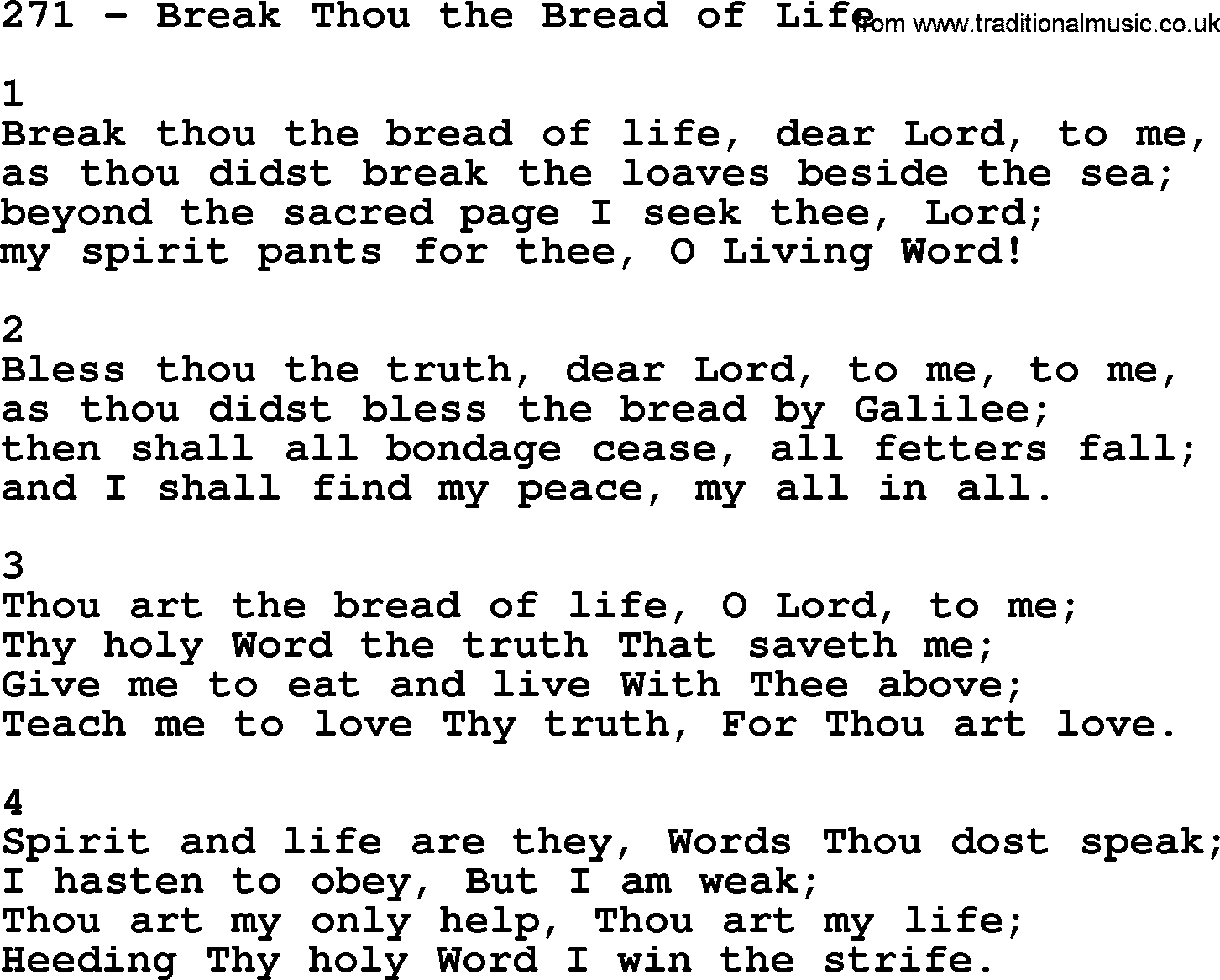 Complete Adventis Hymnal, title: 271-Break Thou The Bread Of Life, with lyrics, midi, mp3, powerpoints(PPT) and PDF,
