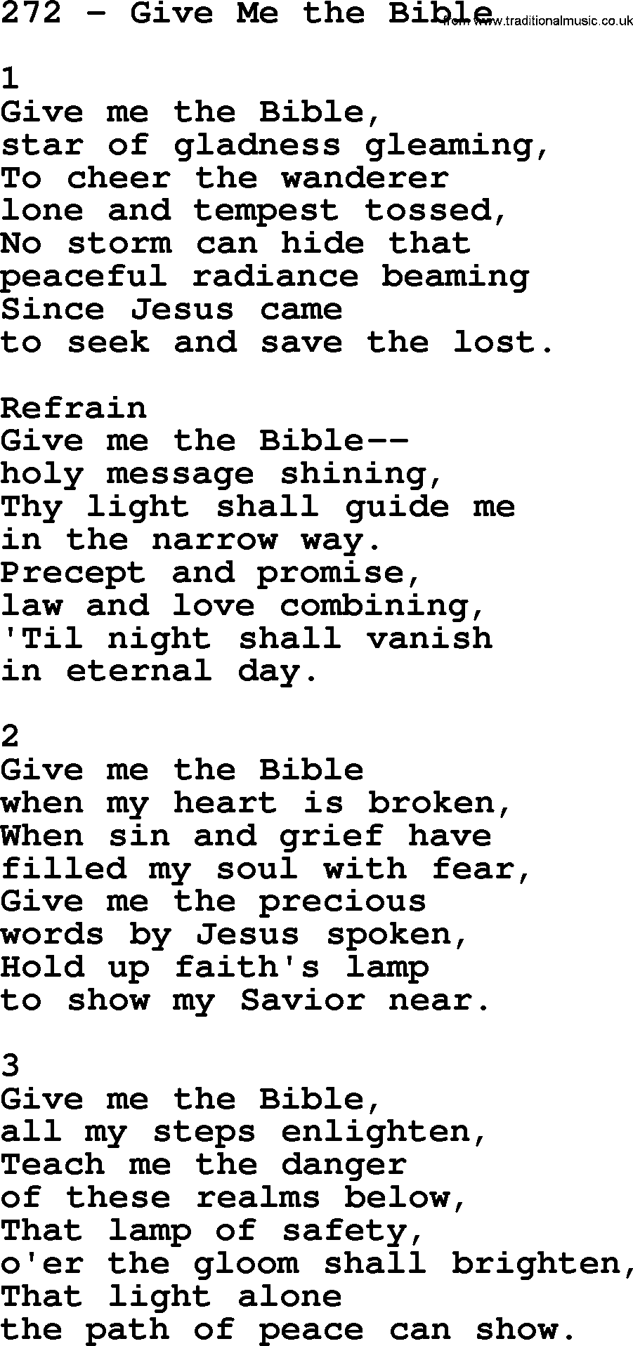 Complete Adventis Hymnal, title: 272-Give Me The Bible, with lyrics, midi, mp3, powerpoints(PPT) and PDF,