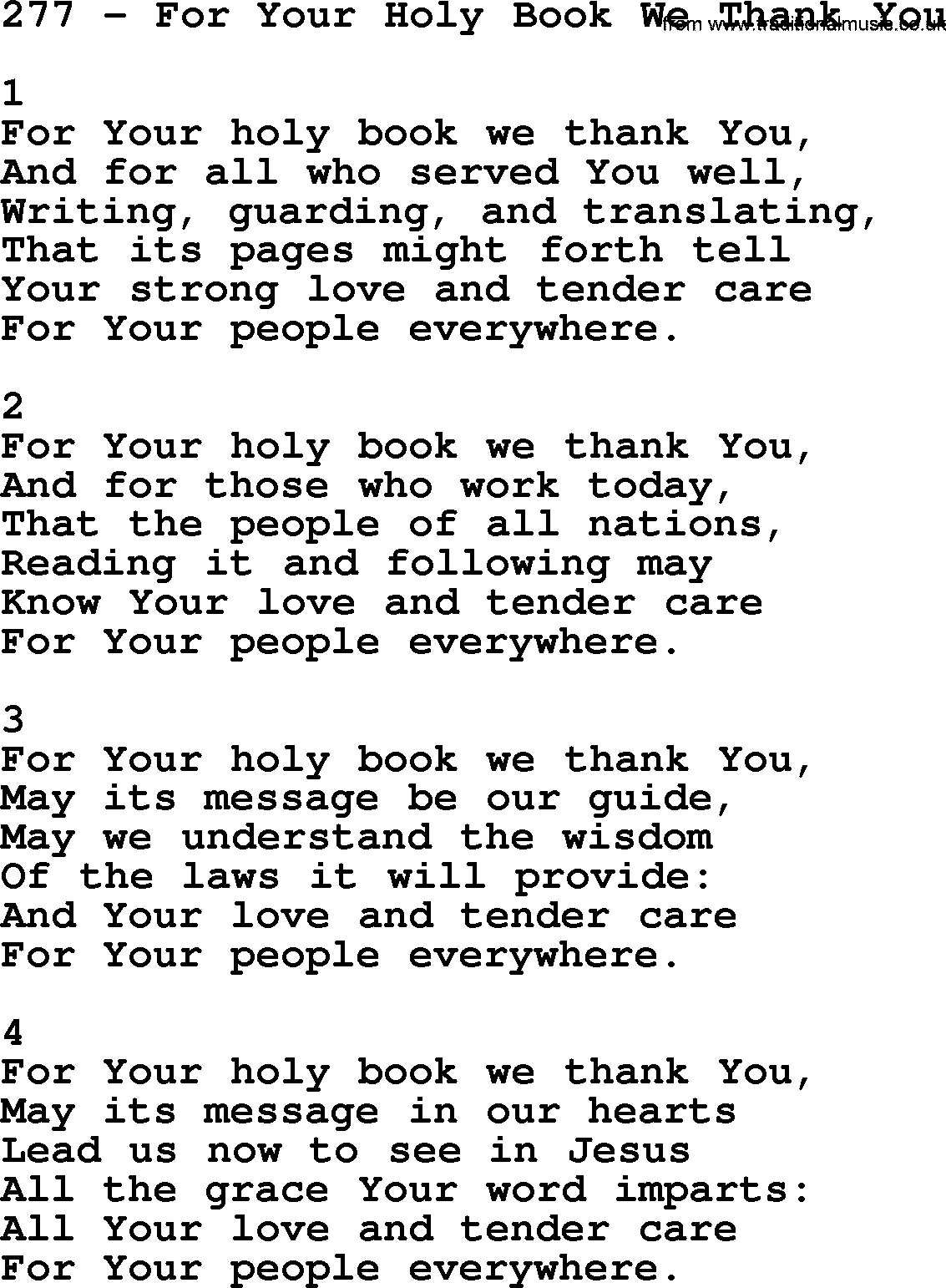 Complete Adventis Hymnal, title: 277-For Your Holy Book We Thank You, with lyrics, midi, mp3, powerpoints(PPT) and PDF,