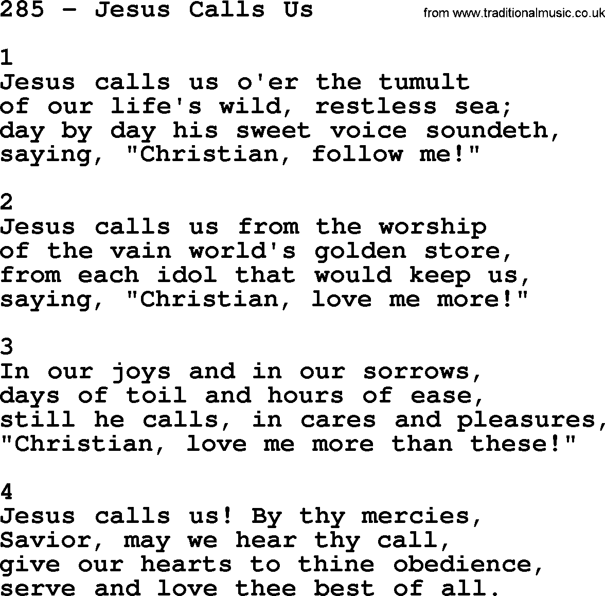 Complete Adventis Hymnal, title: 285-Jesus Calls Us, with lyrics, midi, mp3, powerpoints(PPT) and PDF,