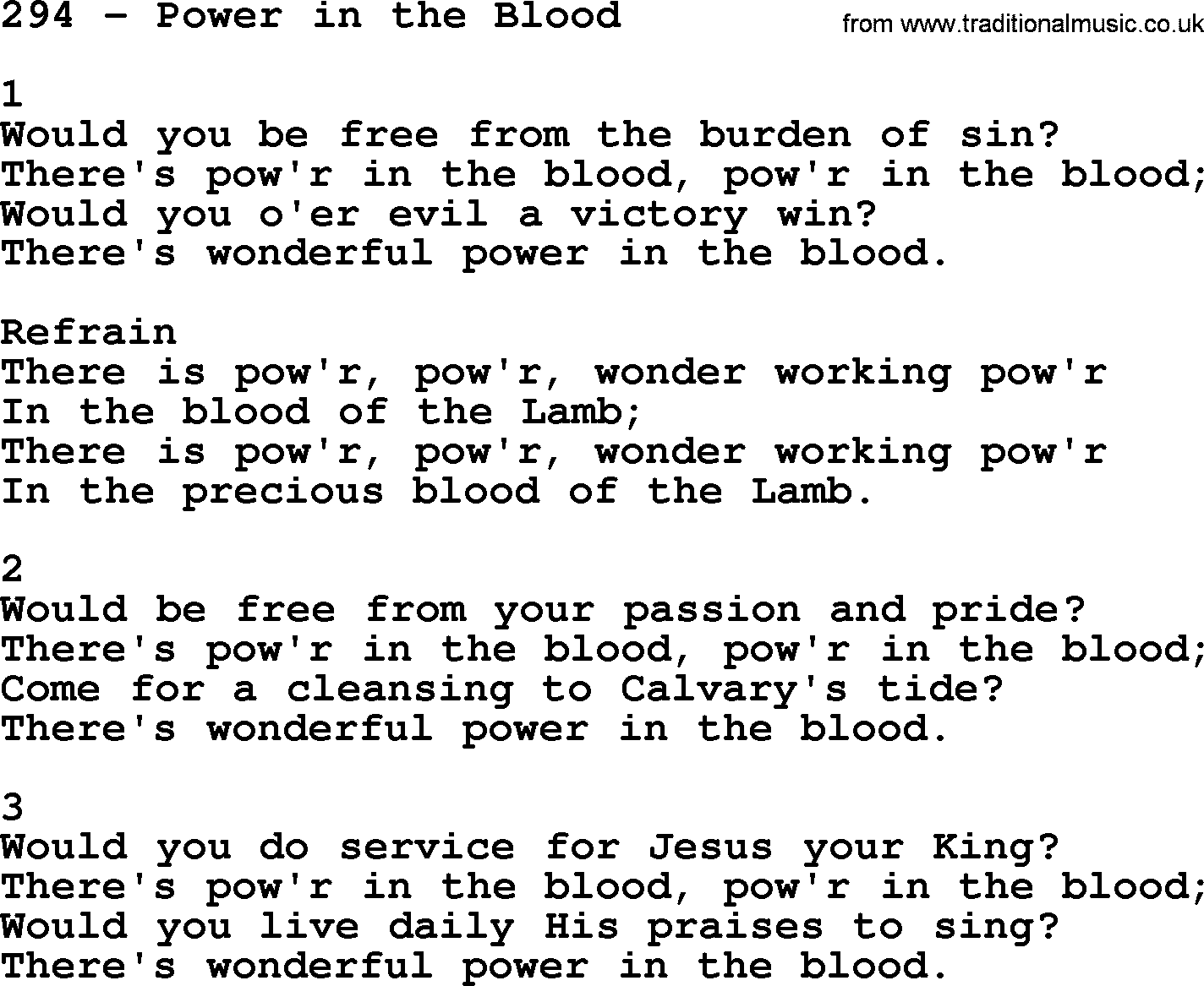 Complete Adventis Hymnal, title: 294-Power In The Blood, with lyrics, midi, mp3, powerpoints(PPT) and PDF,