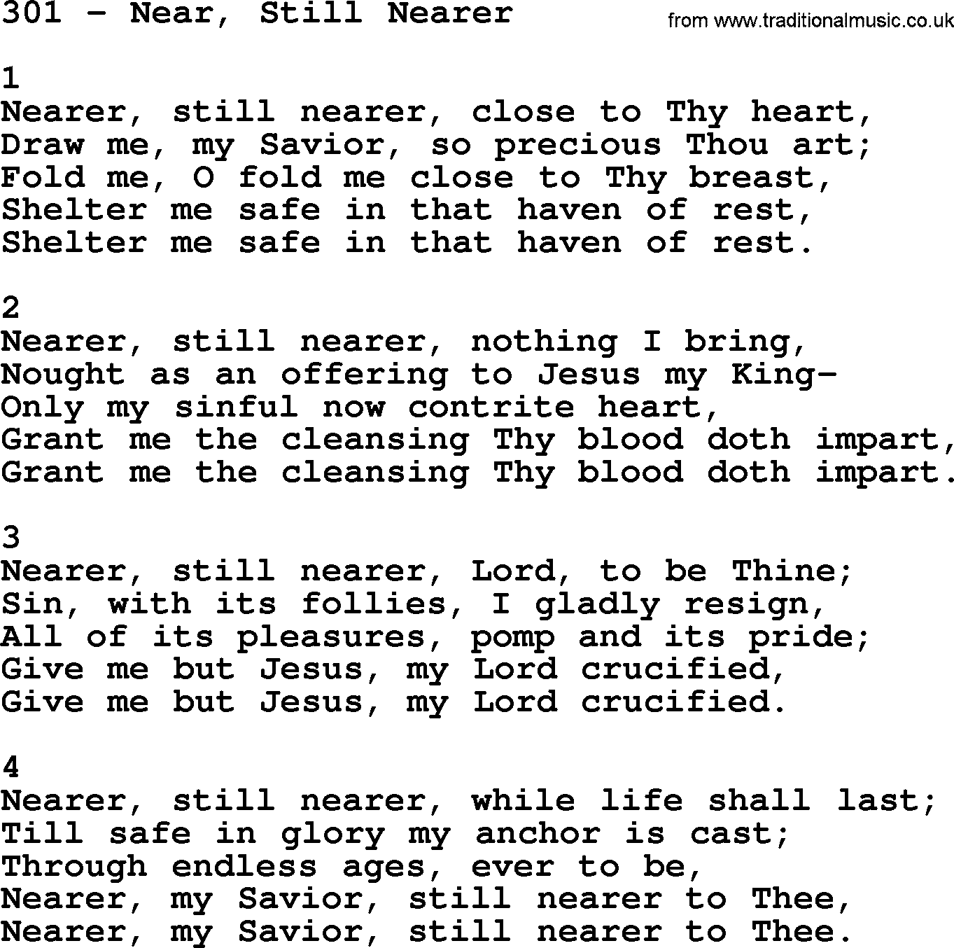 Complete Adventis Hymnal, title: 301-Near, Still Nearer, with lyrics, midi, mp3, powerpoints(PPT) and PDF,