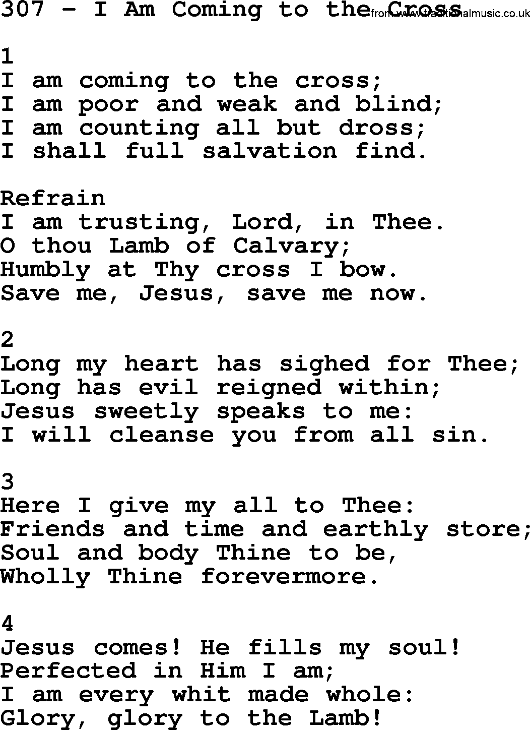 Complete Adventis Hymnal, title: 307-I Am Coming To The Cross, with lyrics, midi, mp3, powerpoints(PPT) and PDF,