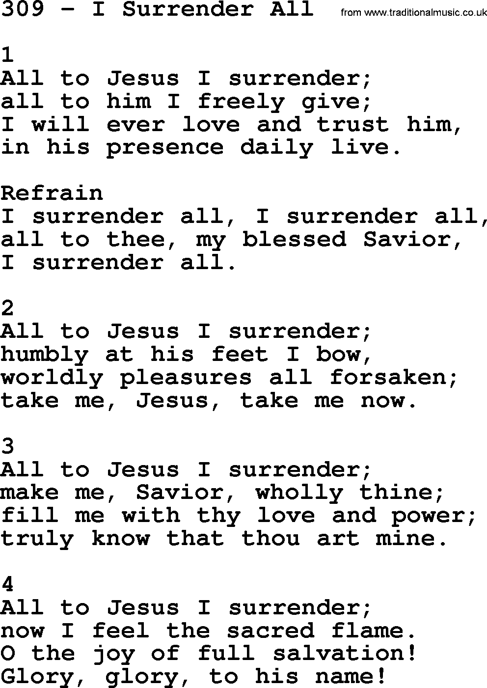 Complete Adventis Hymnal, title: 309-I Surrender All, with lyrics, midi, mp3, powerpoints(PPT) and PDF,