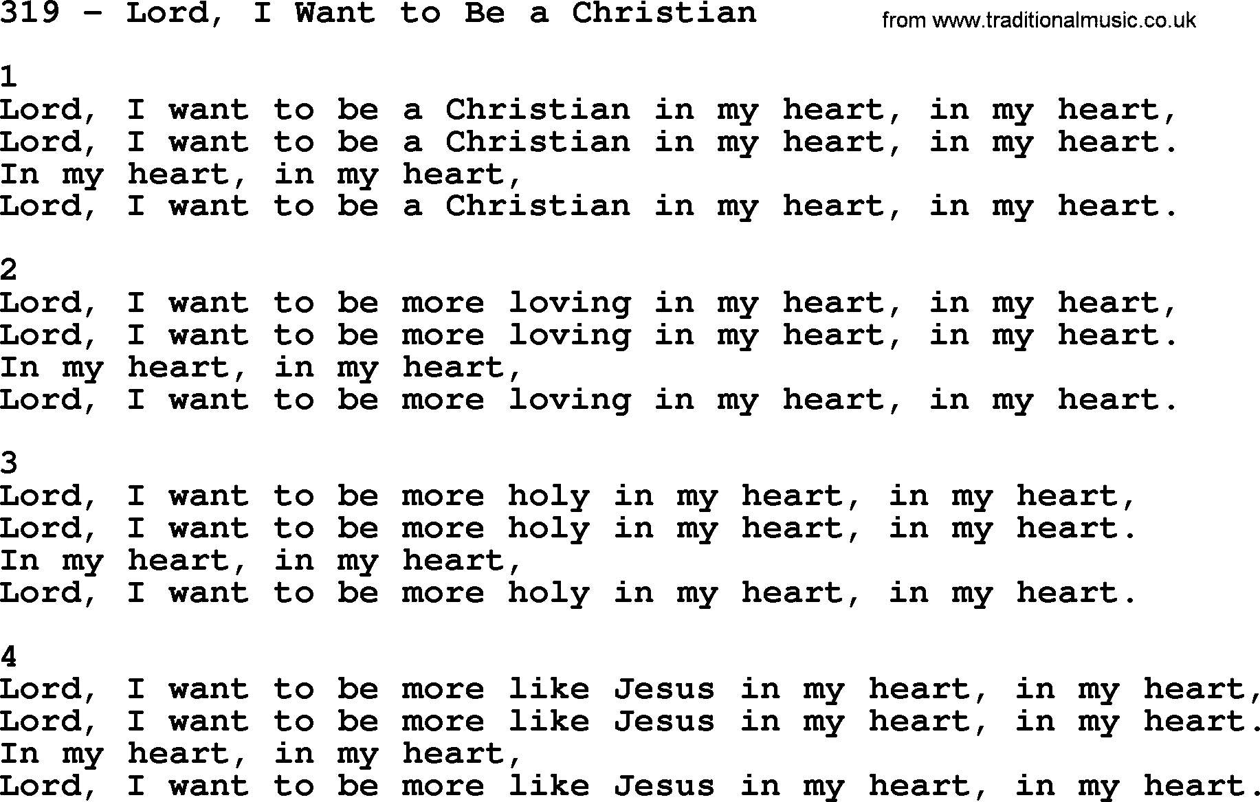 Complete Adventis Hymnal, title: 319-Lord, I Want To Be A Christian, with lyrics, midi, mp3, powerpoints(PPT) and PDF,