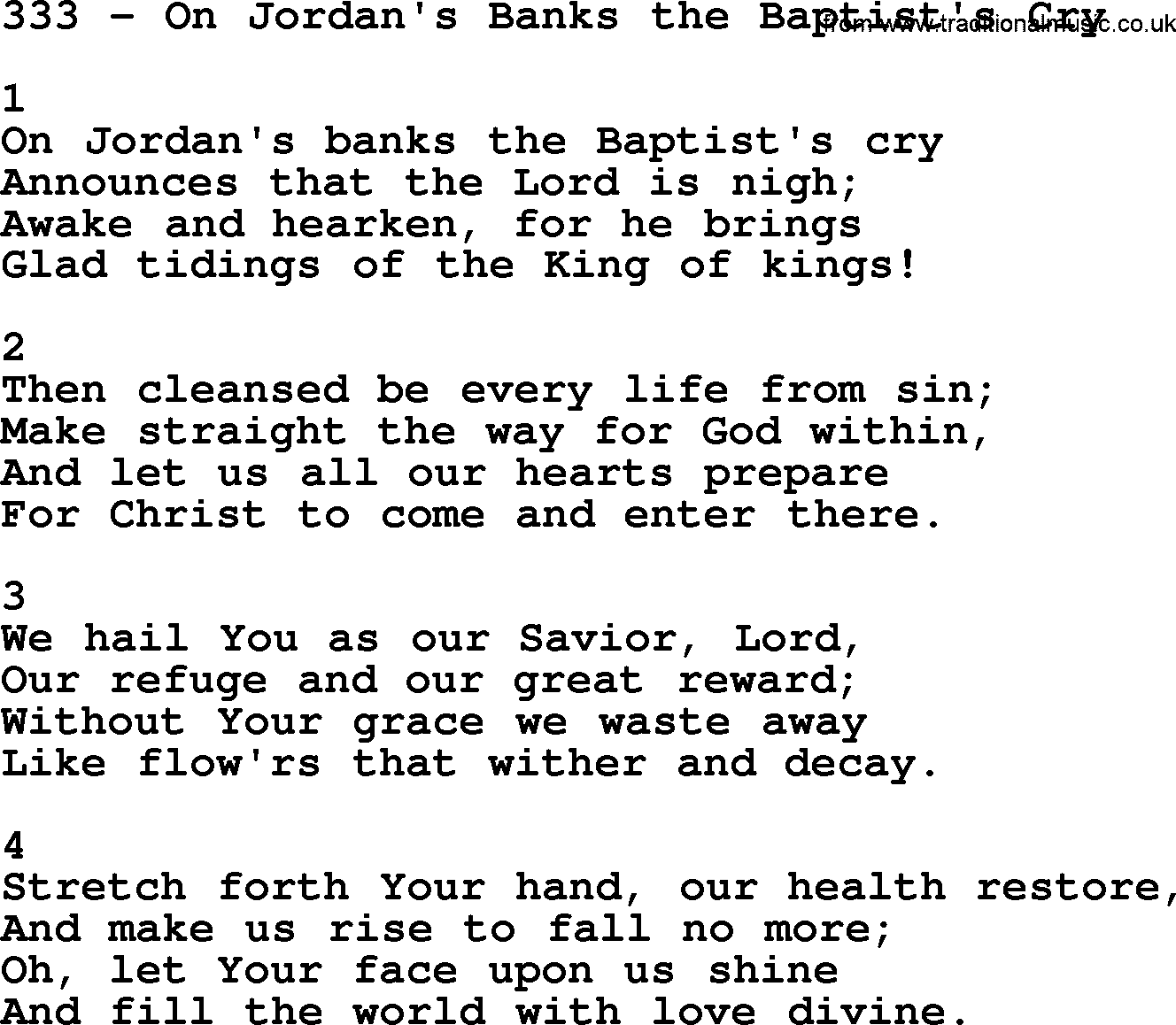 Complete Adventis Hymnal, title: 333-On Jordan's Banks The Baptist's Cry, with lyrics, midi, mp3, powerpoints(PPT) and PDF,