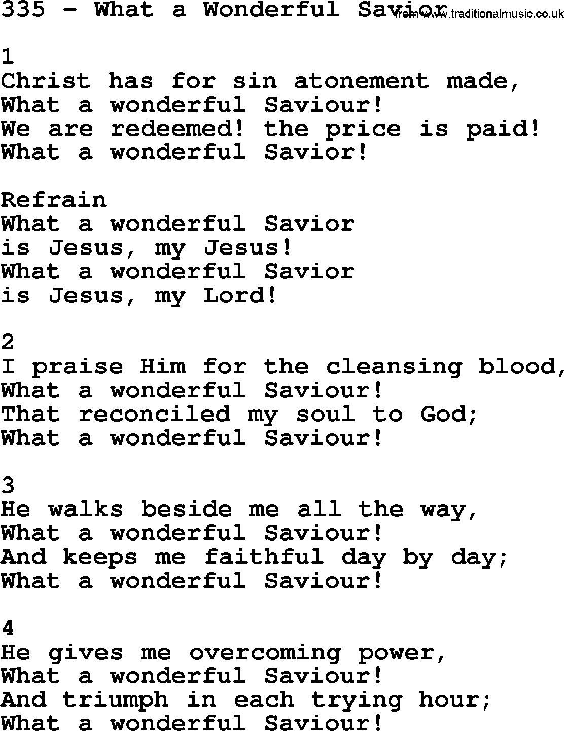 Complete Adventis Hymnal, title: 335-What A Wonderful Savior, with lyrics, midi, mp3, powerpoints(PPT) and PDF,