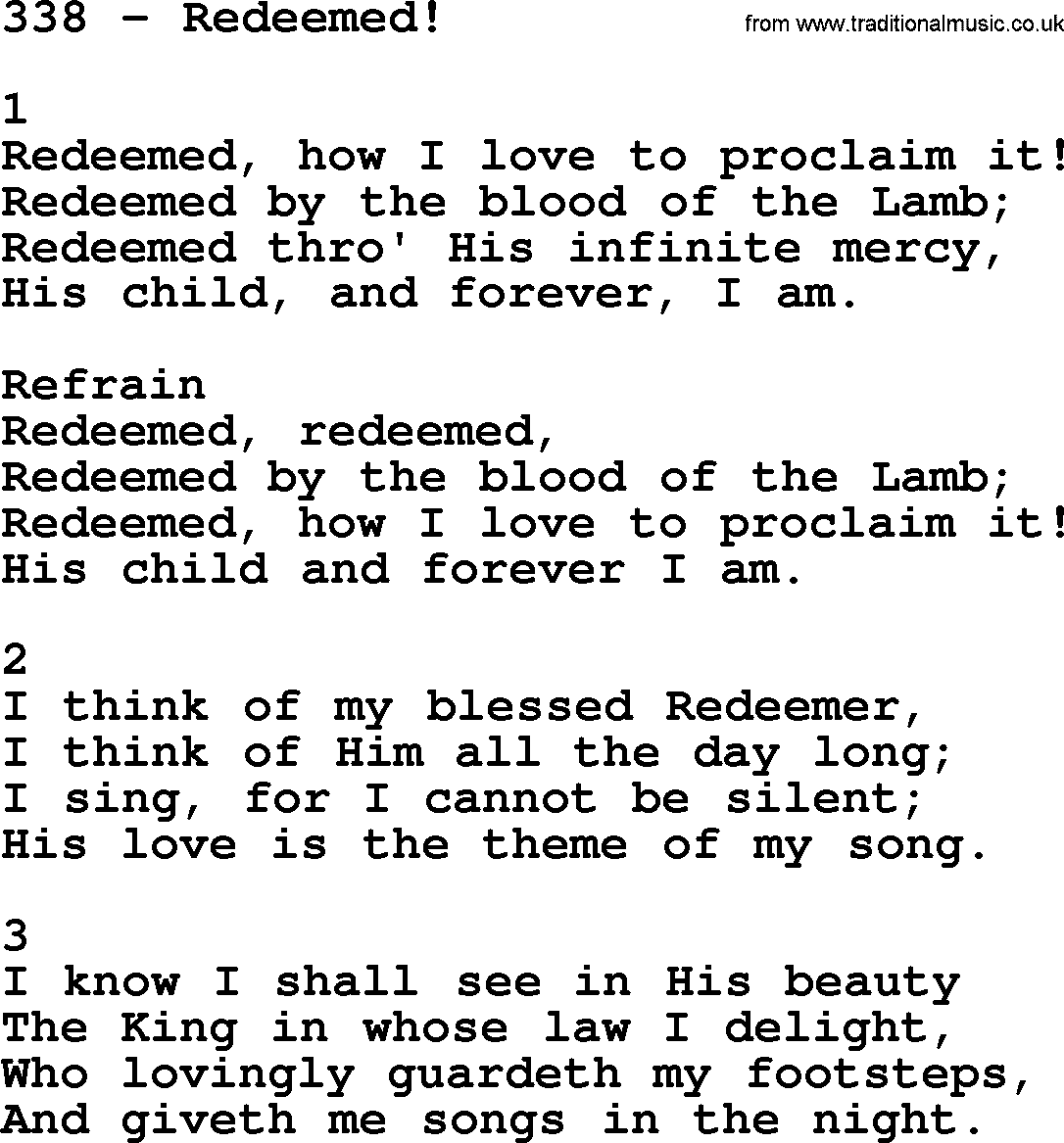 Complete Adventis Hymnal, title: 338-Redeemed!, with lyrics, midi, mp3, powerpoints(PPT) and PDF,