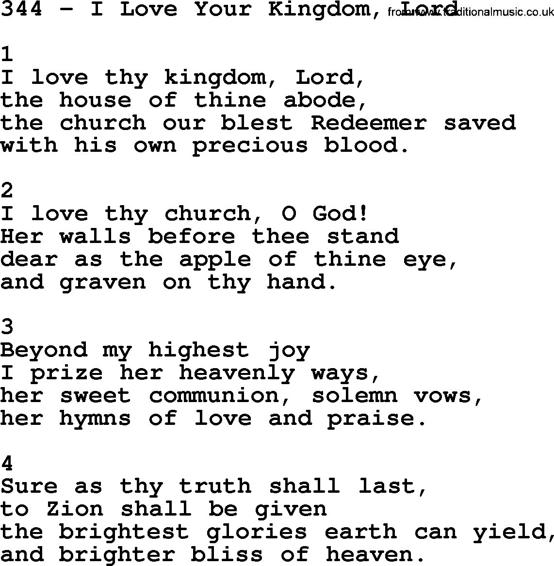 Complete Adventis Hymnal, title: 344-I Love Your Kingdom, Lord, with lyrics, midi, mp3, powerpoints(PPT) and PDF,