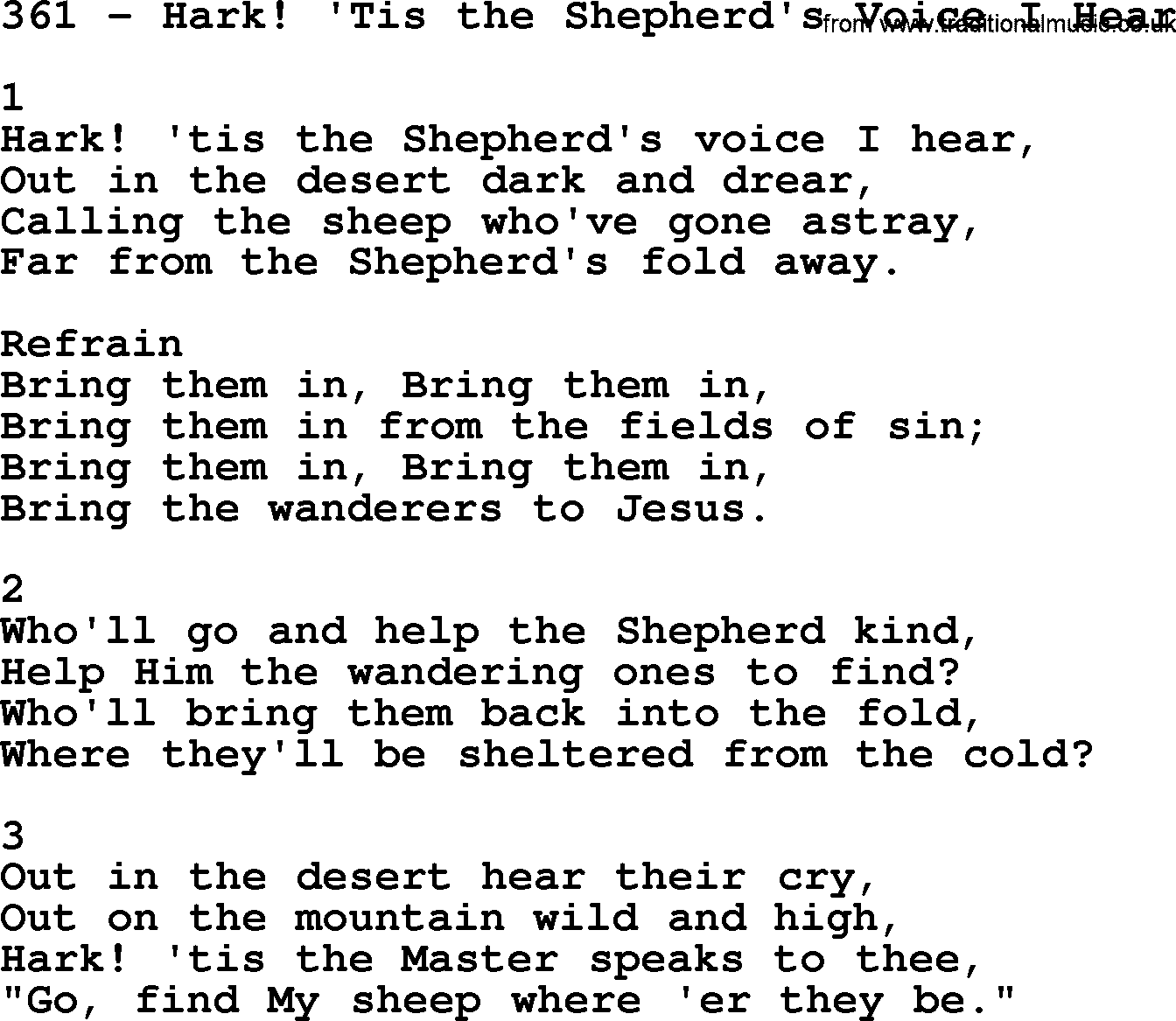 Complete Adventis Hymnal, title: 361-Hark! 'Tis The Shepherd's Voice I Hear, with lyrics, midi, mp3, powerpoints(PPT) and PDF,