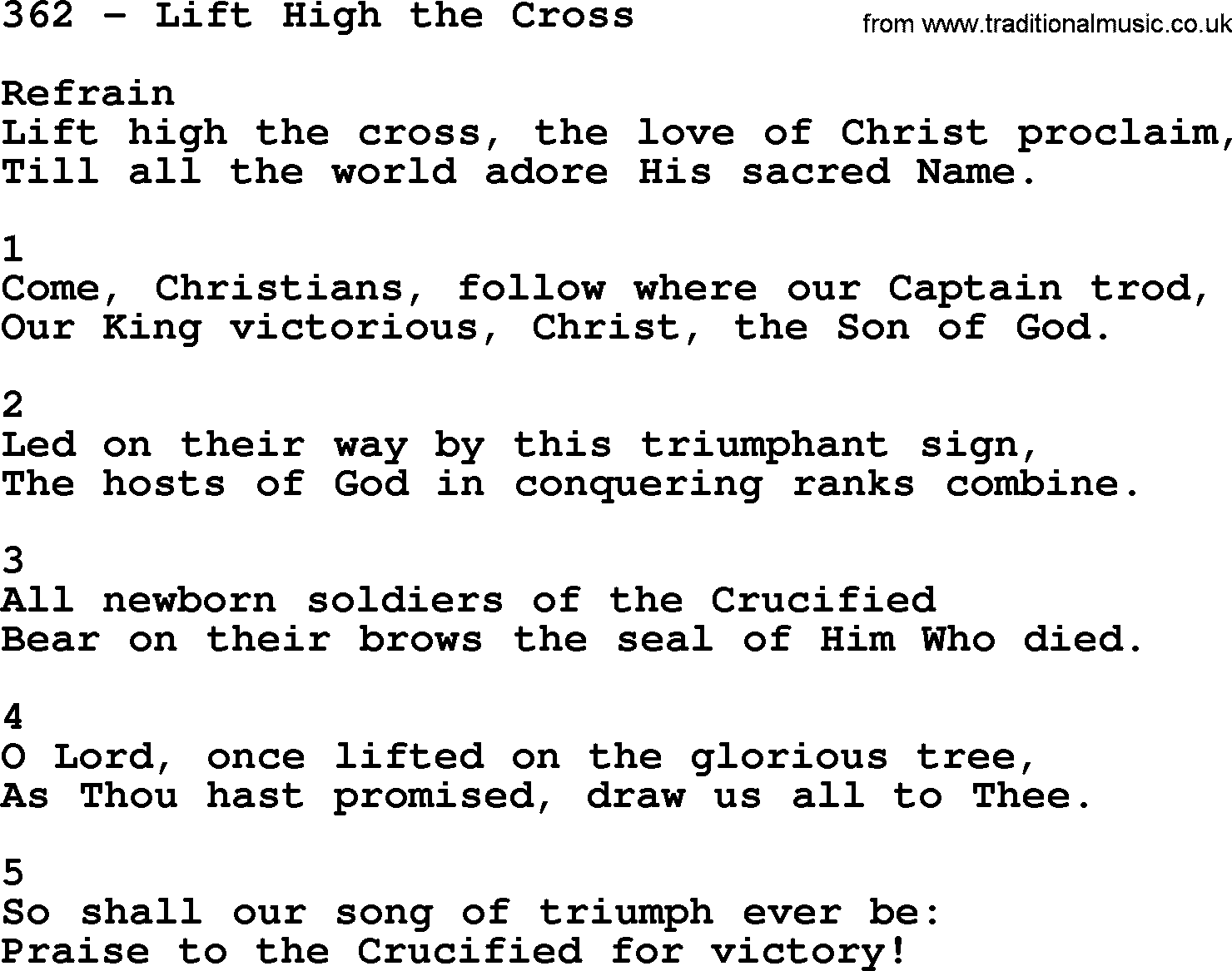 Complete Adventis Hymnal, title: 362-Lift High The Cross, with lyrics, midi, mp3, powerpoints(PPT) and PDF,