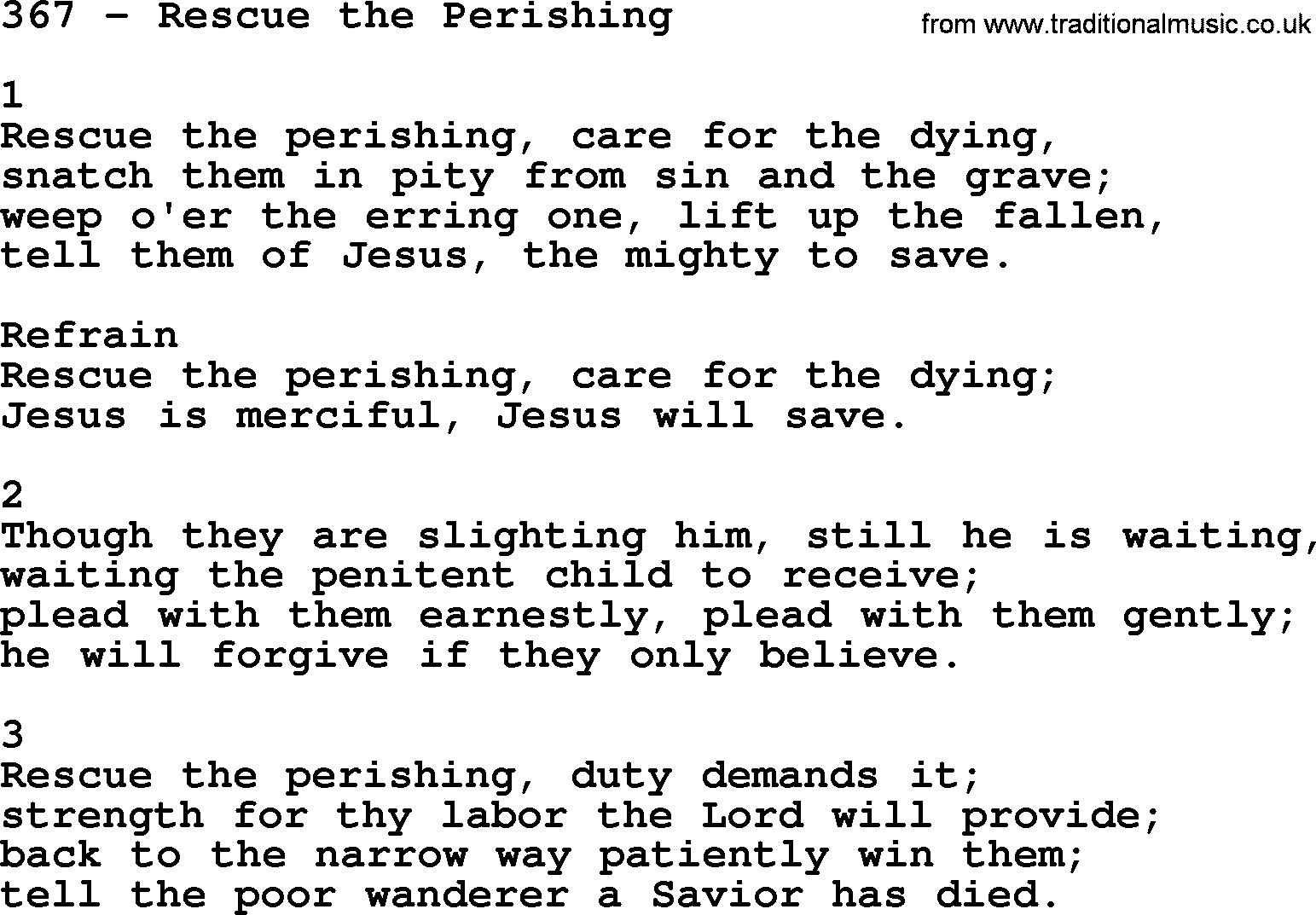 Complete Adventis Hymnal, title: 367-Rescue The Perishing, with lyrics, midi, mp3, powerpoints(PPT) and PDF,