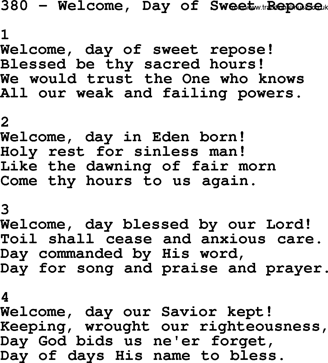 Complete Adventis Hymnal, title: 380-Welcome, Day Of Sweet Repose, with lyrics, midi, mp3, powerpoints(PPT) and PDF,