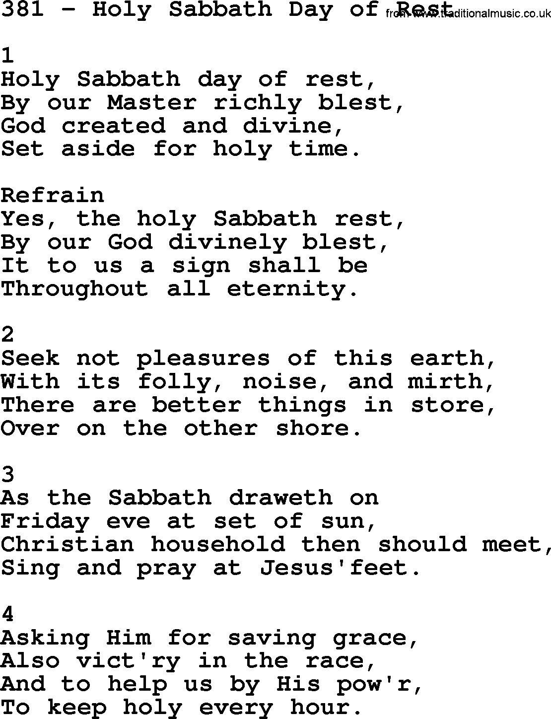 Complete Adventis Hymnal, title: 381-Holy Sabbath Day Of Rest, with lyrics, midi, mp3, powerpoints(PPT) and PDF,