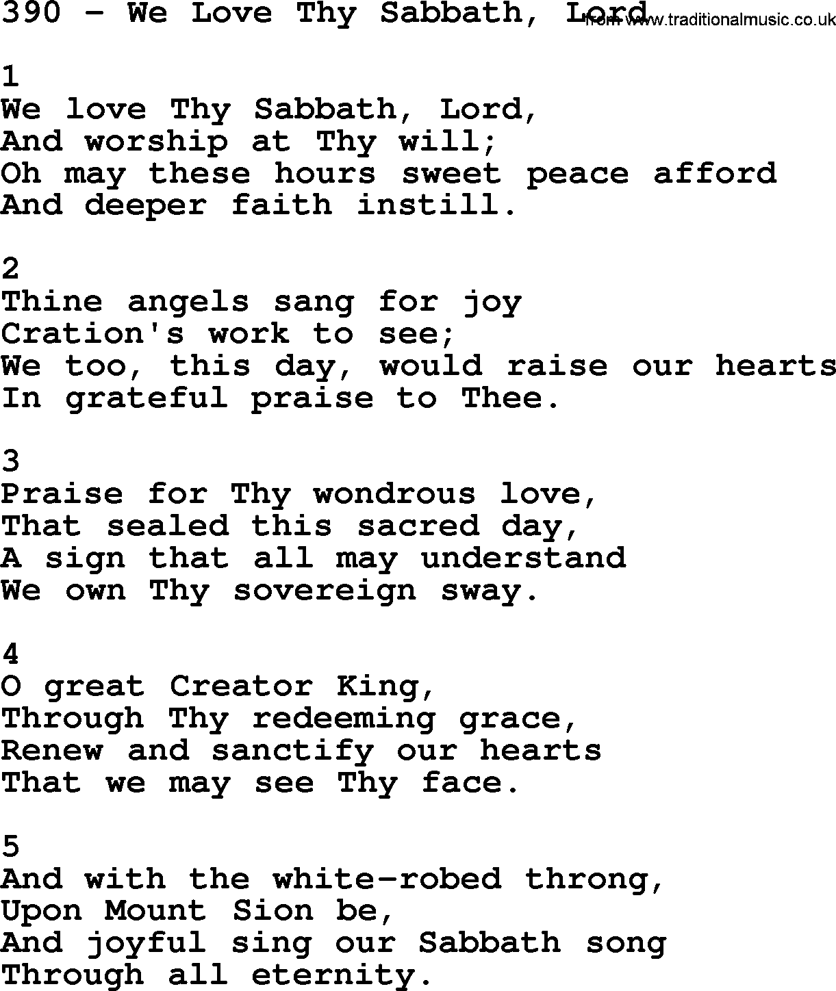 Complete Adventis Hymnal, title: 390-We Love Thy Sabbath, Lord, with lyrics, midi, mp3, powerpoints(PPT) and PDF,