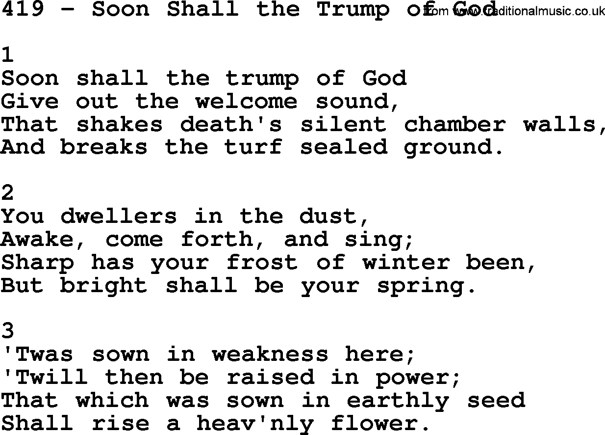 Complete Adventis Hymnal, title: 419-Soon Shall The Trump Of God, with lyrics, midi, mp3, powerpoints(PPT) and PDF,