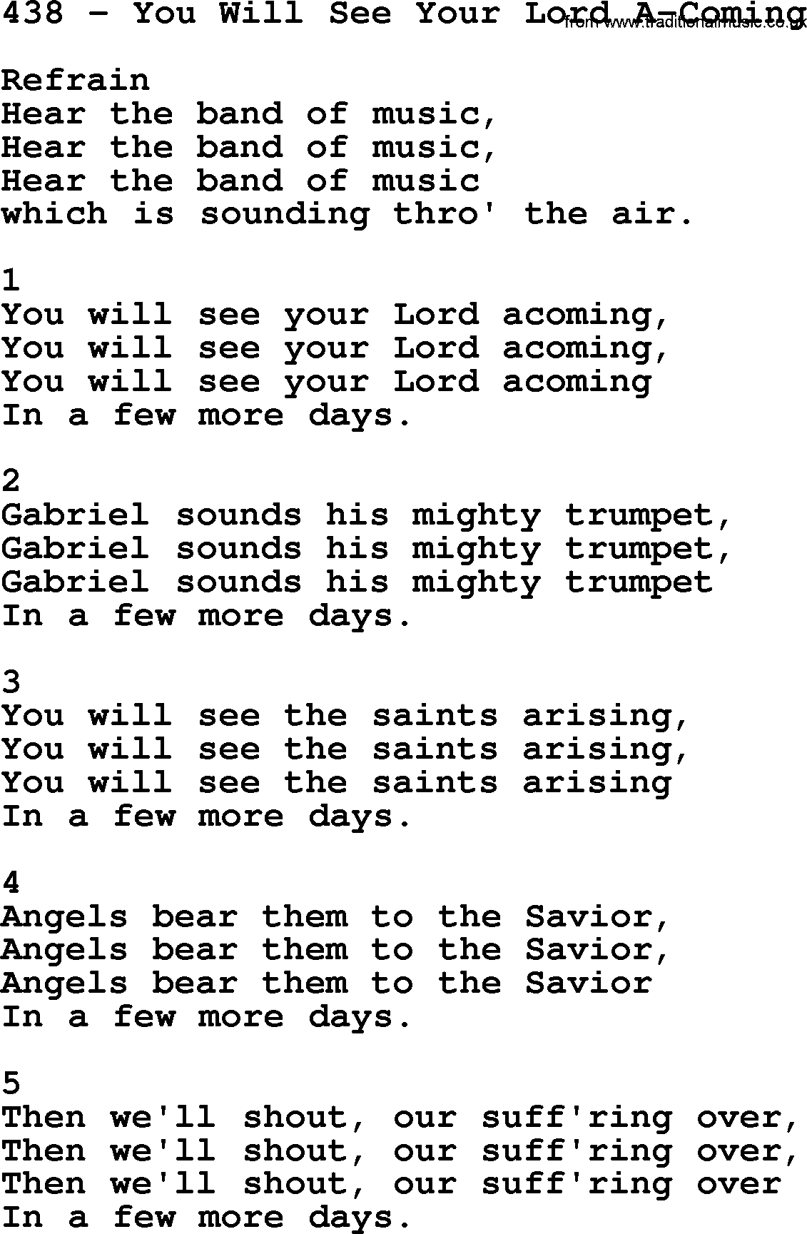 Complete Adventis Hymnal, title: 438-You Will See Your Lord A-Coming, with lyrics, midi, mp3, powerpoints(PPT) and PDF,