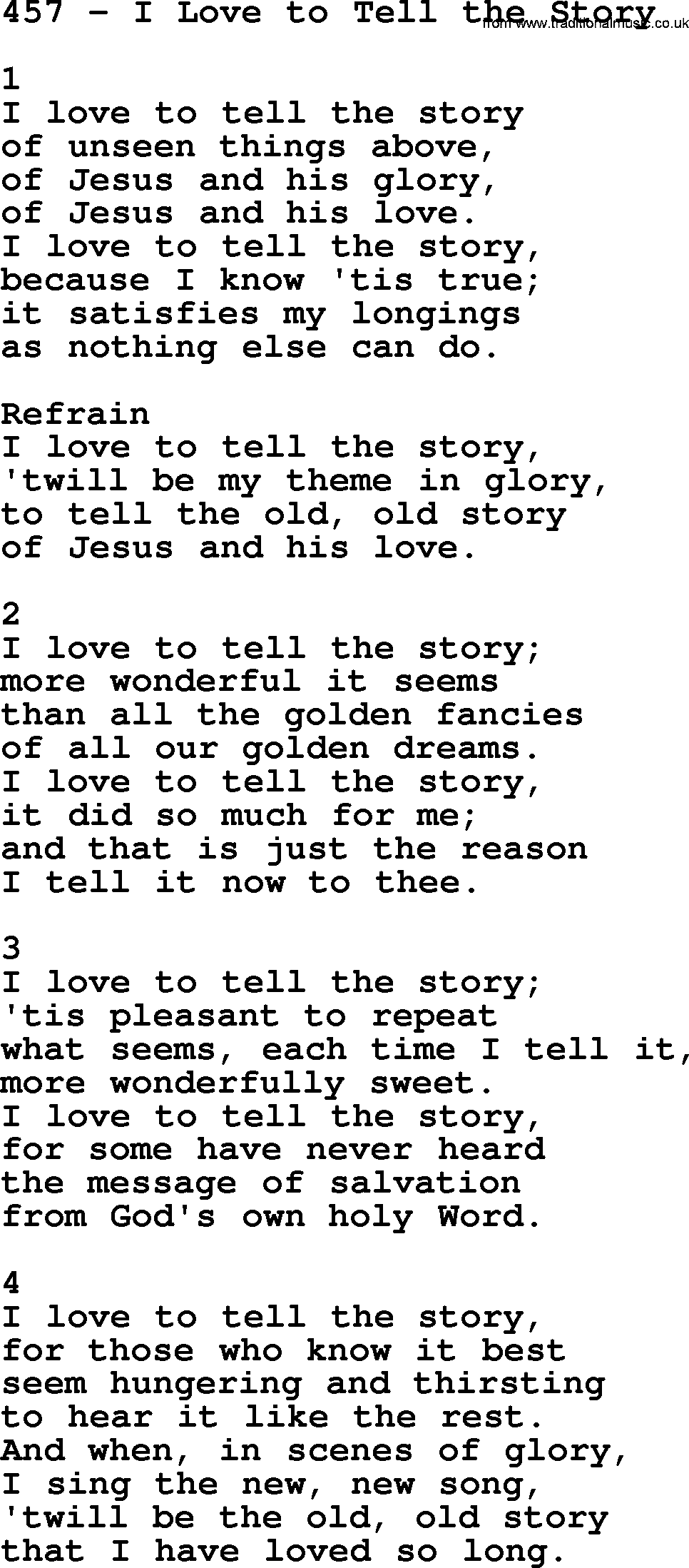 Complete Adventis Hymnal, title: 457-I Love To Tell The Story, with lyrics, midi, mp3, powerpoints(PPT) and PDF,