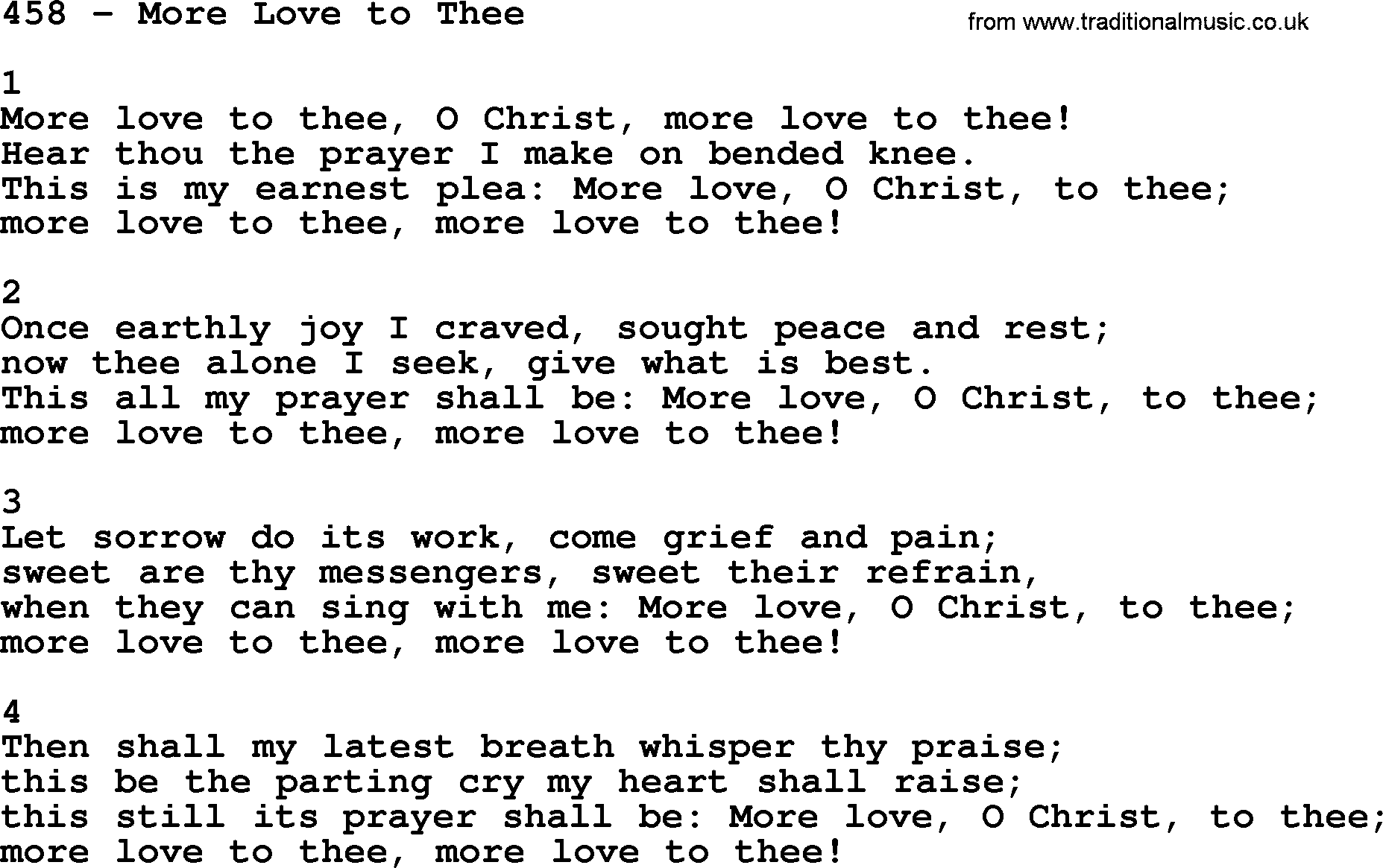 Complete Adventis Hymnal, title: 458-More Love To Thee, with lyrics, midi, mp3, powerpoints(PPT) and PDF,