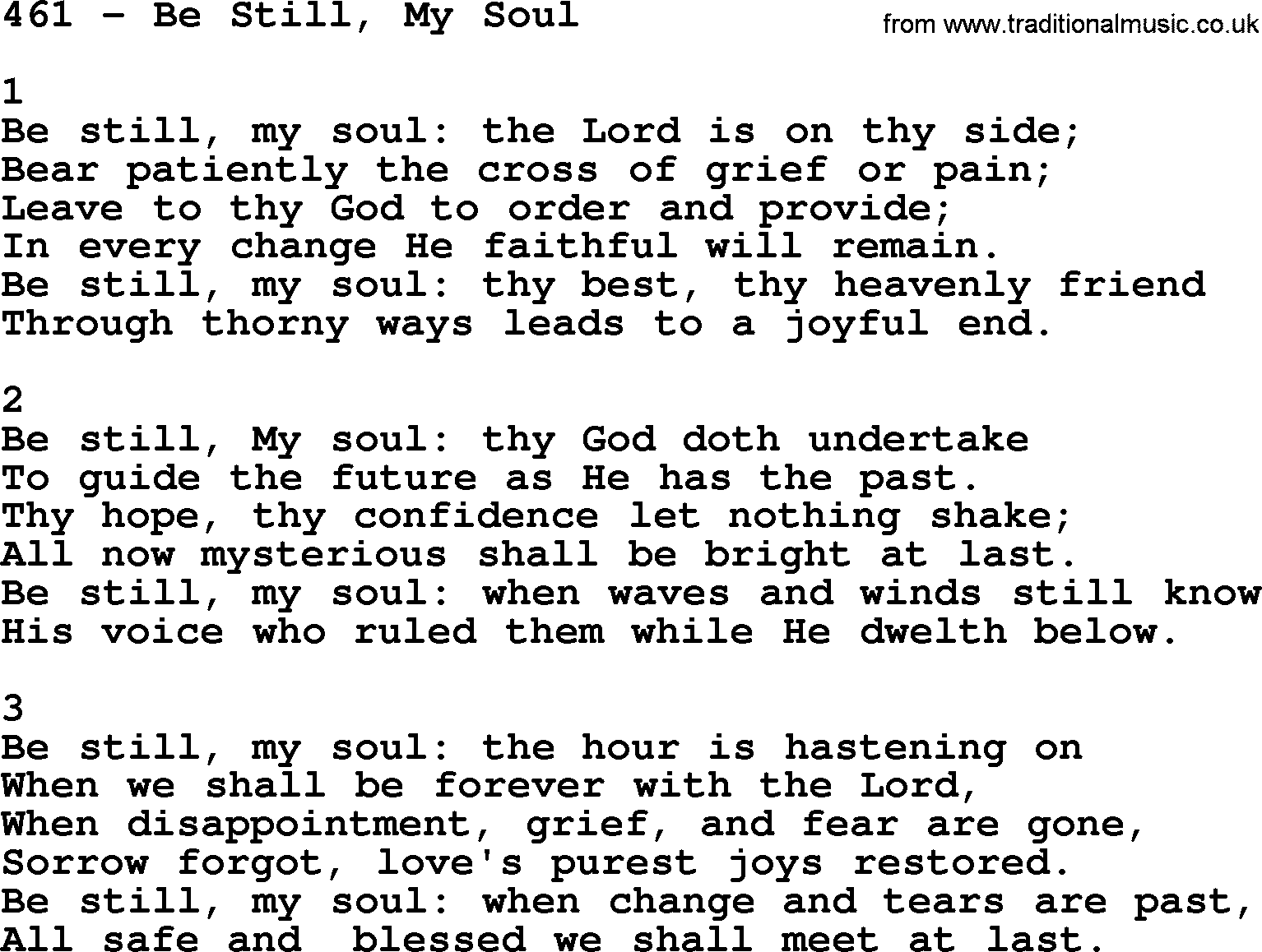 Complete Adventis Hymnal, title: 461-Be Still, My Soul, with lyrics, midi, mp3, powerpoints(PPT) and PDF,