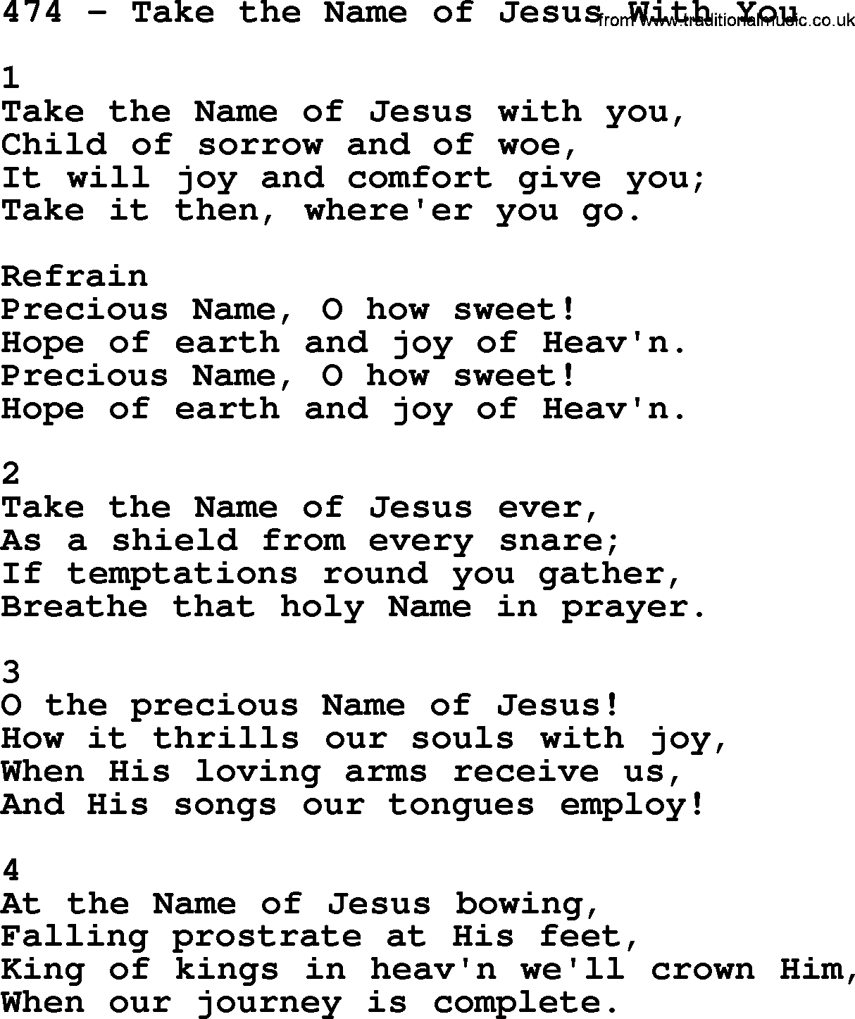 Complete Adventis Hymnal, title: 474-Take The Name Of Jesus With You, with lyrics, midi, mp3, powerpoints(PPT) and PDF,
