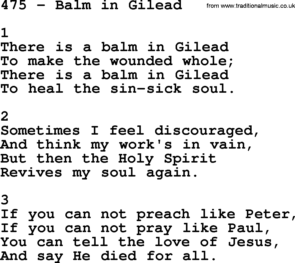 Complete Adventis Hymnal, title: 475-Balm In Gilead, with lyrics, midi, mp3, powerpoints(PPT) and PDF,